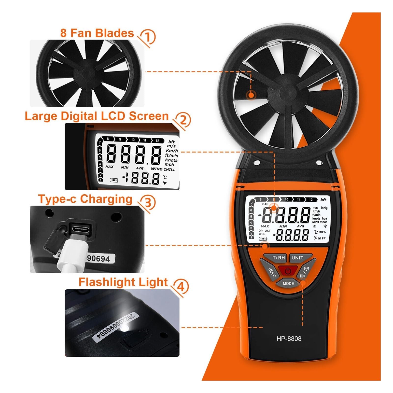 Anemómetro anemómetro, alta precisión, tacómetro profesional, RPM Digital, medidor de velocidad del aire, recargable