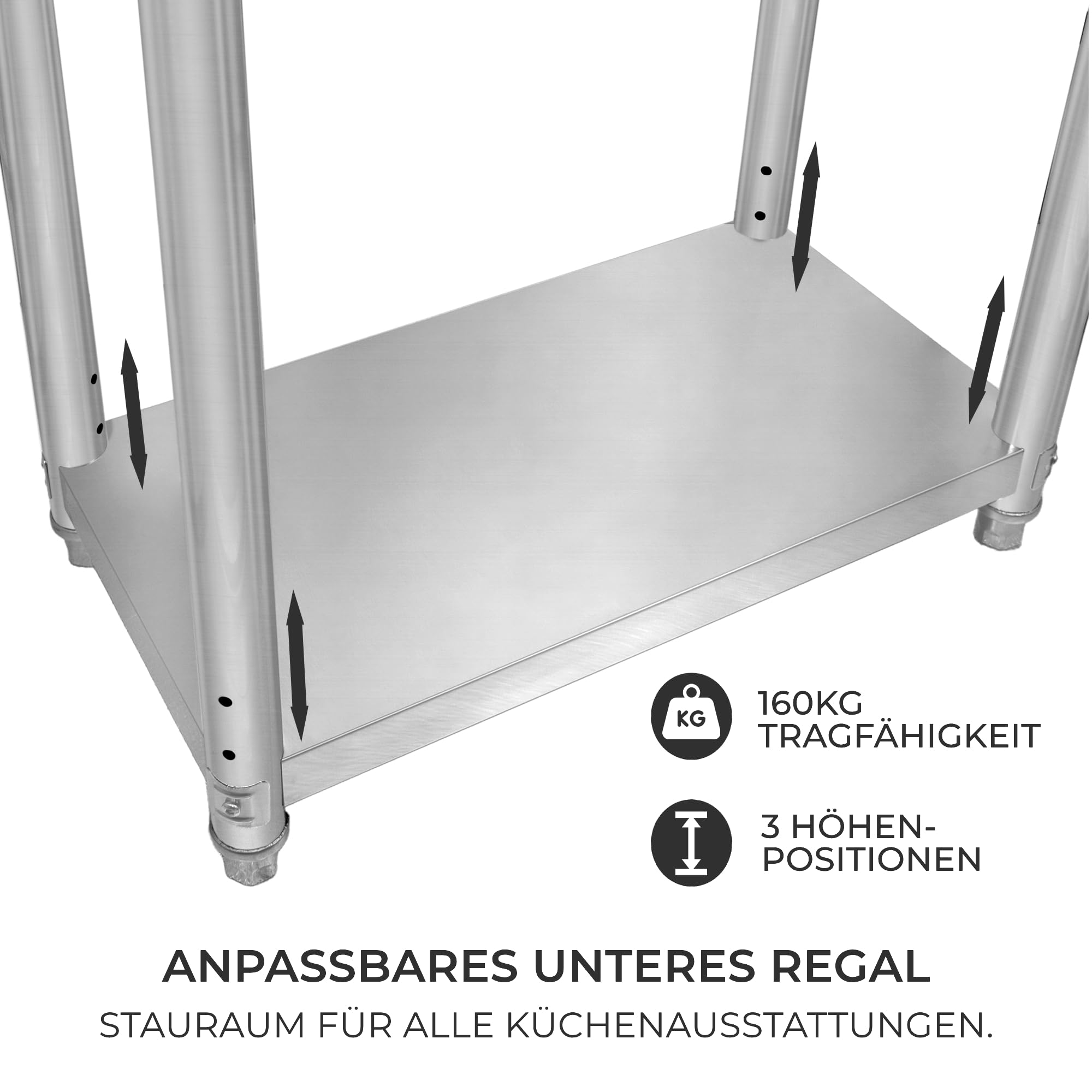Gastro Edelstahl Arbeitstisch Vorbereitungstisch Küchentisch Zerlegetisch Flexibel Mobil 4 Rollen 2 Bremsen 4 anpassbaren Füßen Verstellbares unteres Regal 3 Positionen 160kg Kapazität 76 x 45 x 86cm