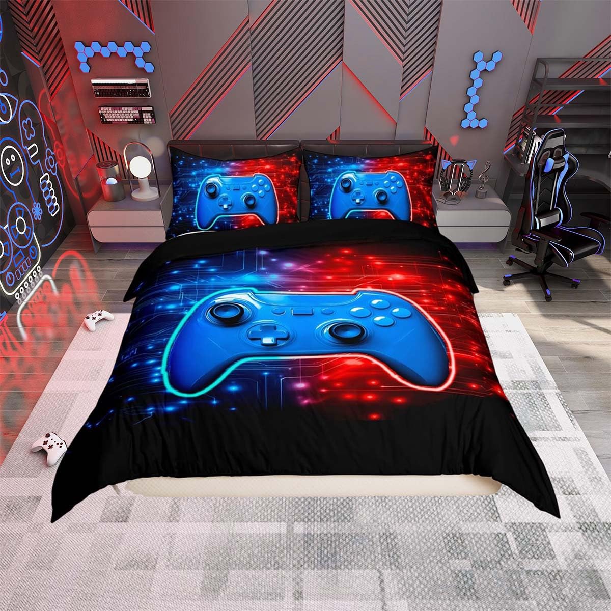 Homemissing Gamer Duvet Cover Set Single Size Blue Gaming Breathable Bedding Set Red GamePad Zippered Duvet Cover with 1 Pillowcase Children Games Controller For Teenager Boy