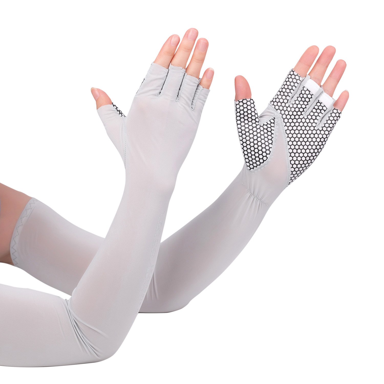 Flammi Women's Half Fingerless Gloved Long Arm Sleeves Sun UV Protection Non-Skid for Driving Golf Running Cycling Fishing (Grey)