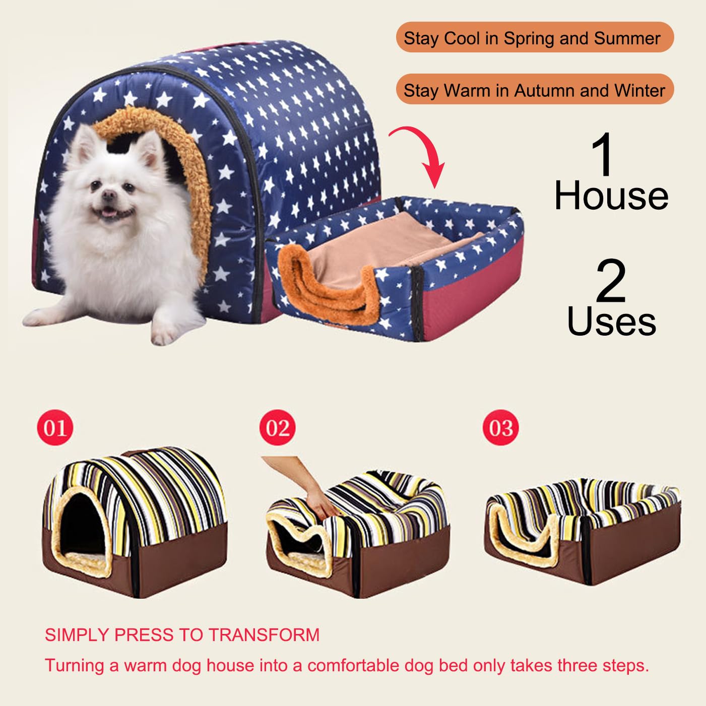 Cuccia per cani 2 in 1, calda, grande, impermeabile, di lusso, rimovibile, anti ansia, per interni ed esterni (60 x 48 x 42 cm, G)