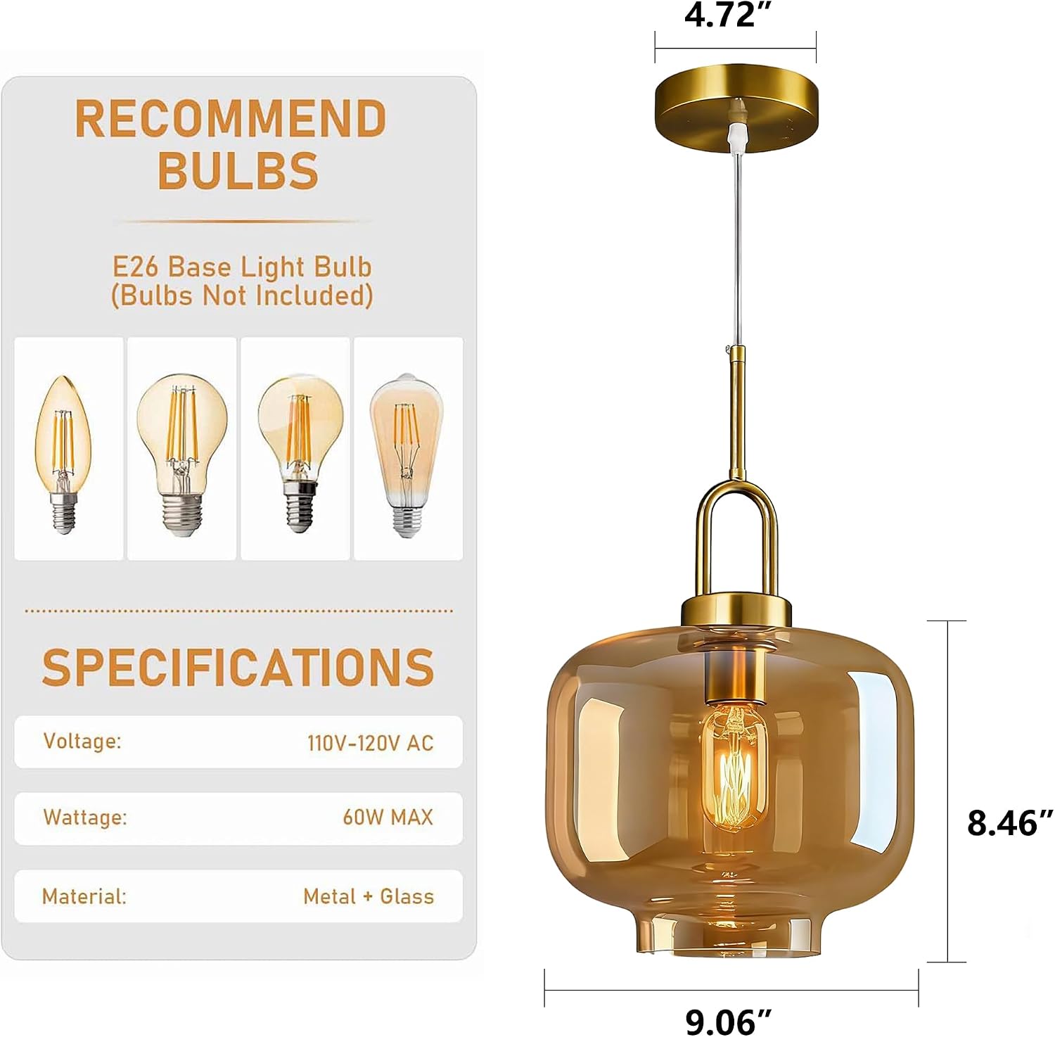 Gold Modern Pendant Light Kitchen Island, Mid Century Hanging Lights Amber Glass Hanging Lamps E26 Base 1-Light Vintage Pendant Lamp for Bedroom Living Room Dining Room