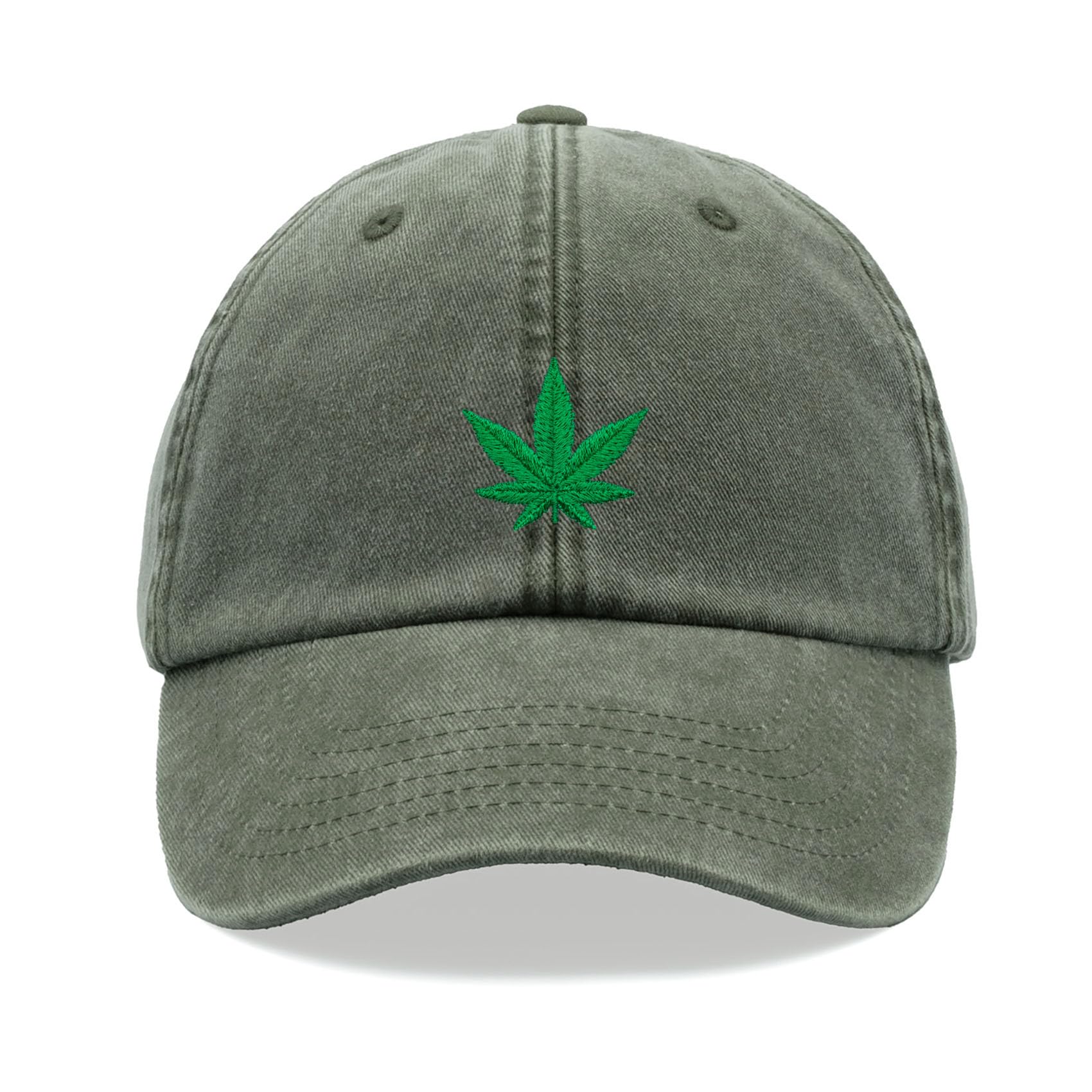 Cannabis Leaf Baseball Cap Vintage Washed Unisex Dad Hat Low Profile Adjustable Weed Marijuana Olive