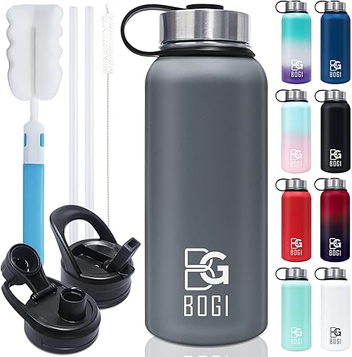 Miniatura 1 de BOGI Botella de agua aislada de 32 onzas, botella de agua de acero inoxidable al vacío de doble pared con popote y 3 tapas, a prueba de sudor,