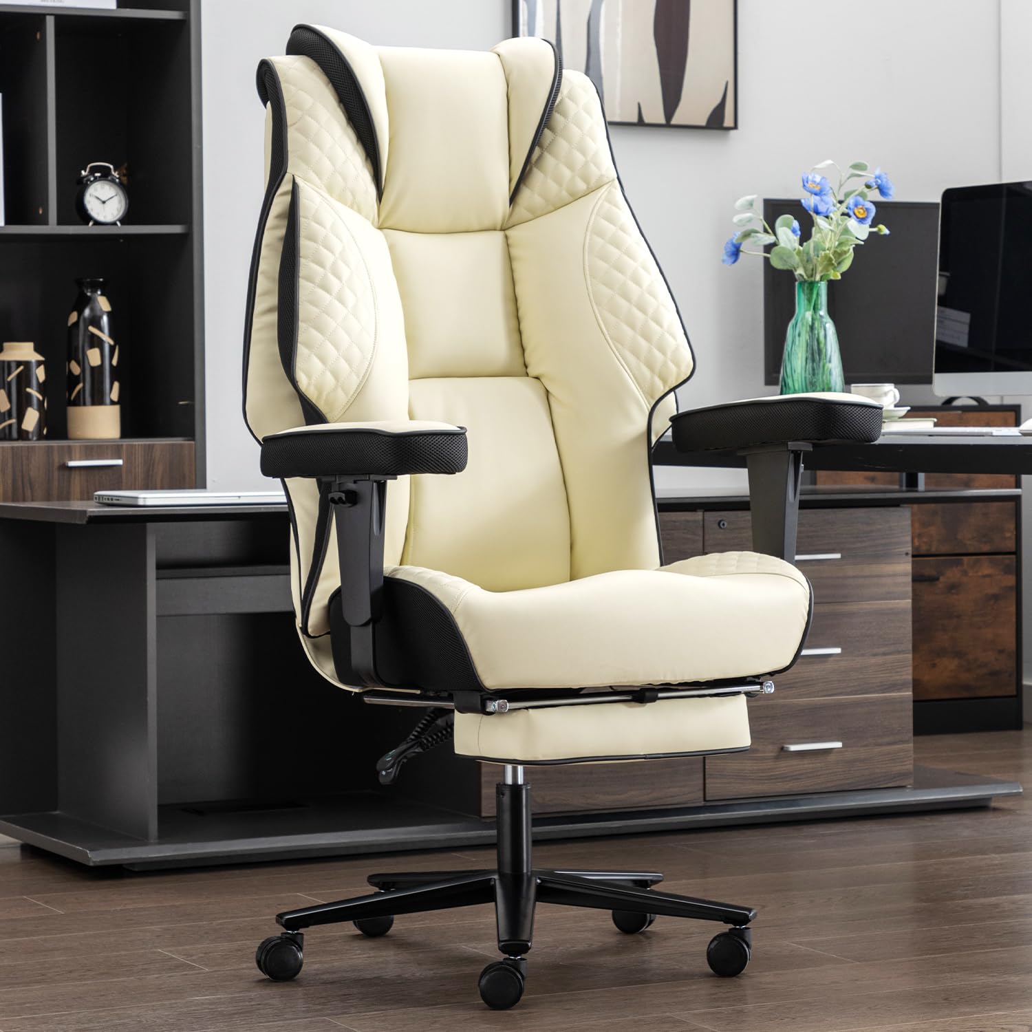 Big and Tall Office Chair 500lbs, Heavy Duty Executive Office Chair with Foot Rest, High Back Leather Adjustable Arm Rest,Ergonomic Lumbar Support