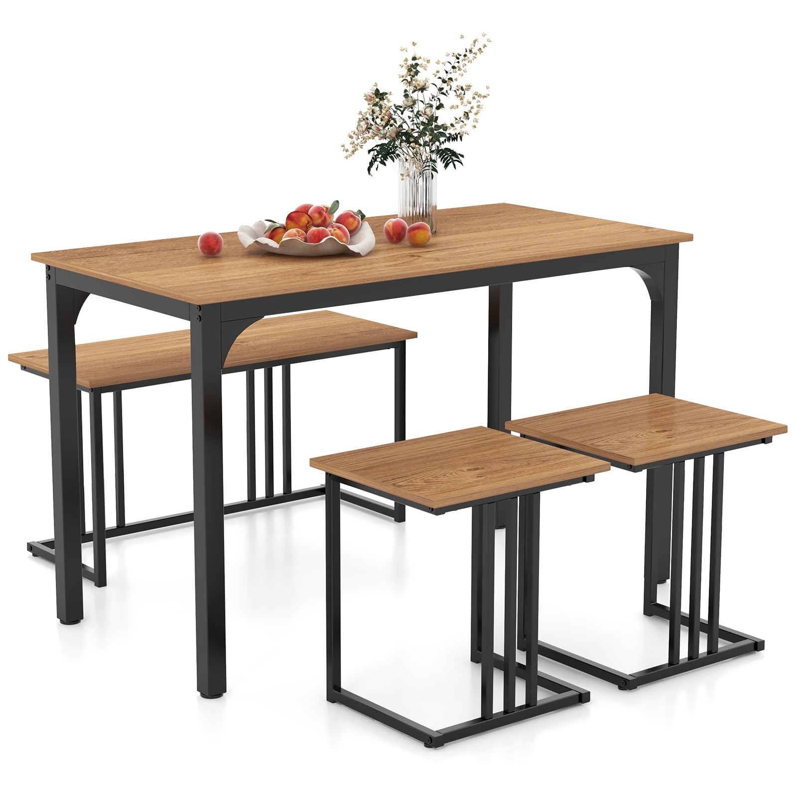 COSTWAY Juego de Mesa de Comedor de 4 Piezas, Mesa de Comedor Industrial con Banco y 2 Taburetes para 4 Personas, Mueble de Comedor, Estructura metálica, Restaurante, Bar (Natural)