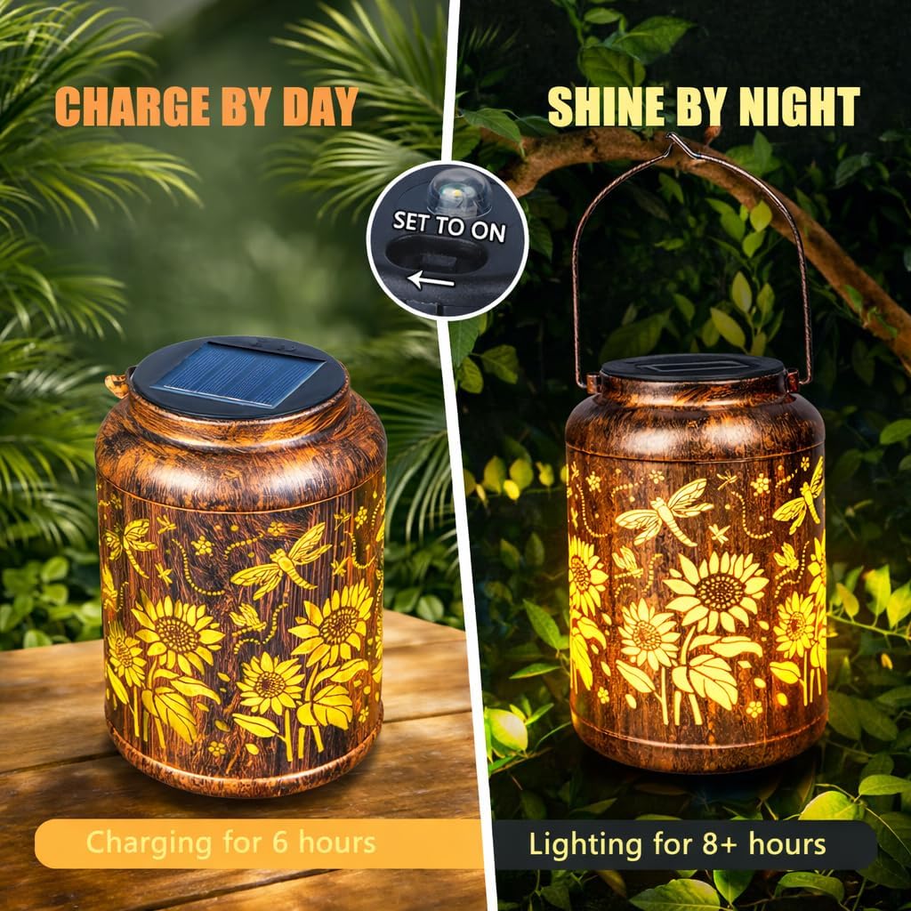 Sunflower Solar Lantern Outdoor Waterproof with Dragonfly, Metal Hanging Lantern, Auto On/Off for Garden Patio Backyard, Mother’s Day Gift for Women, Mom, Grandma & Mother-in-Law - Image 5