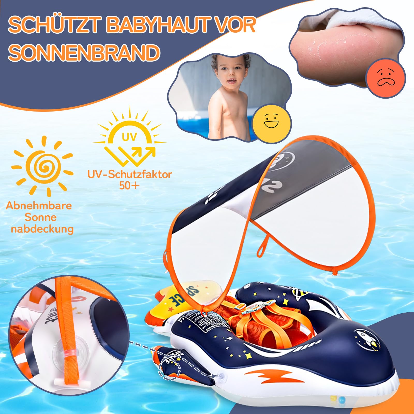 IEEILULU Schwimmring Baby, Baby Schwimmreifen mit Abnehmbarem Sonnenschutz und Sicherheitssitz, Schwimmreifen Wasserspielzeug für Pool, Strand und Schwimmbad ab 6 Monaten
