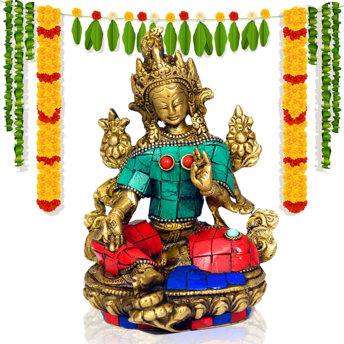 Reiki Crystal Products Brass Mother Kwan Statue for Home/Brass Kwan Statue/Goddess Kwan/Goddess Kwan/Vastu/Feng Shui Brass with Stone/Tara Buddha Idol Antique Buddhism (Weight 400-450 Gram)