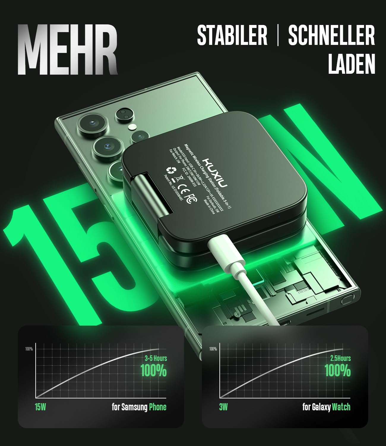 KU XIU X55 Induktive Ladestation für Samsung, 3 in 1 Wireless Charger für Samsung S25 Ultra S24 S23 Z Flip Fold, Kabellose Ladegerät Faltbare für Galaxy Watch 7 6 5 4 3 und Galaxy Buds