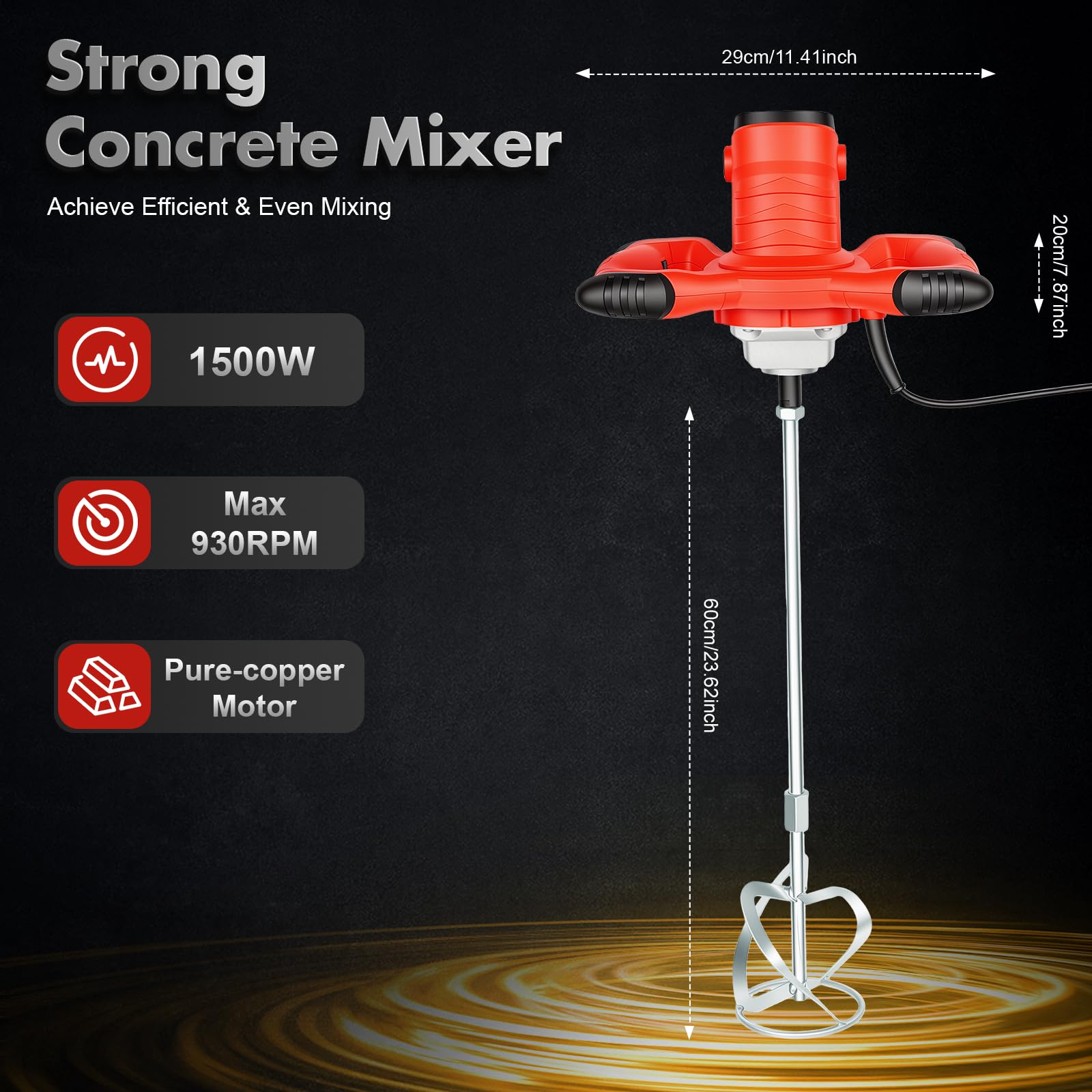 Hormigonera Portátil 1500W, Mezclador De Concreto Eléctrico 220V | Doble Aspa En S, Velocidad 330 A 930 RPM, Mezclador De Mortero Y Barro, Mango De Nylon Ergonómico, Astillero BTP, 12cm