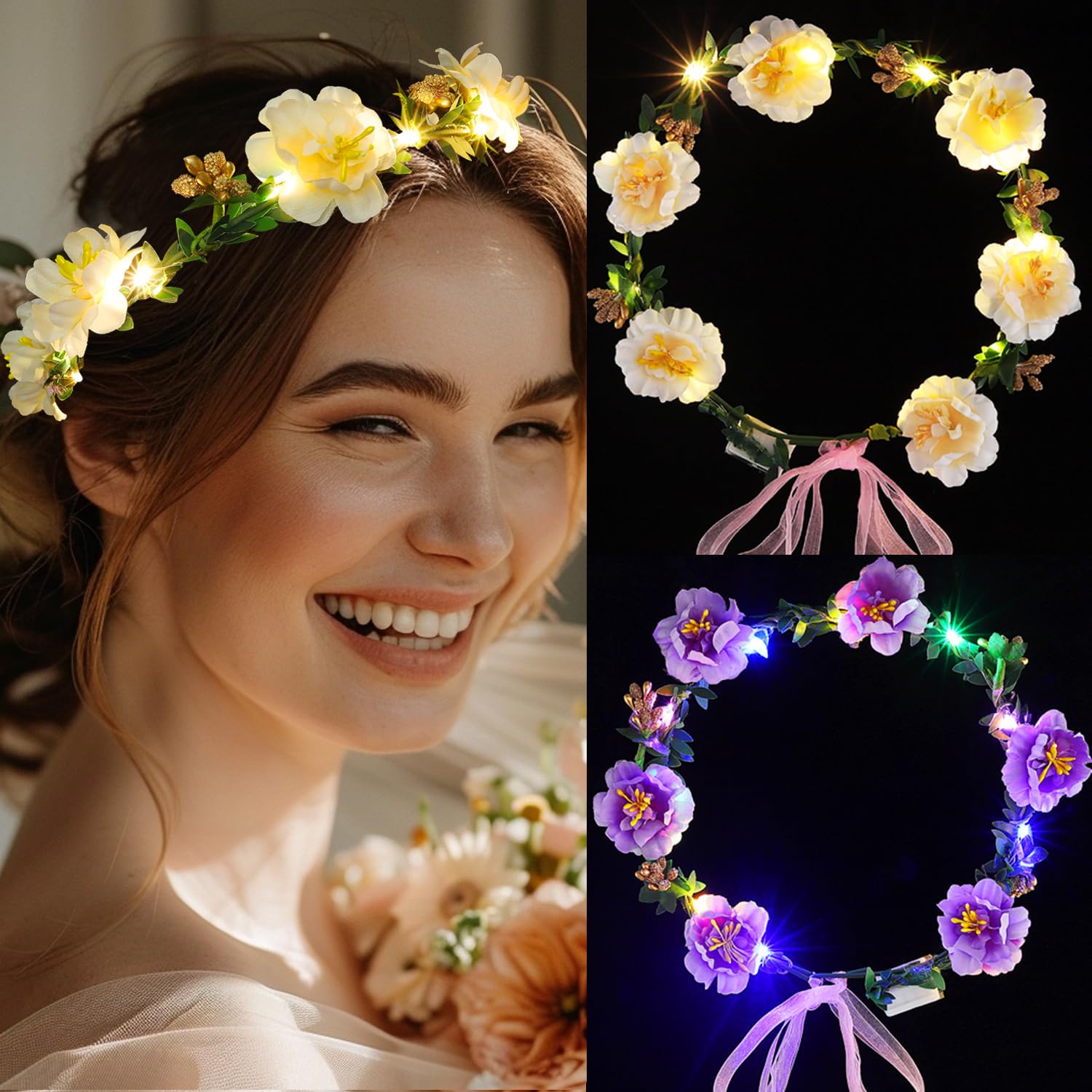 Fashband Diademas de corona de flores iluminadas, guirnalda de corona, accesorios florales para el cabello, fiestas, bodas, tocados para mujeres y niñas (paquete de 2) (flor)