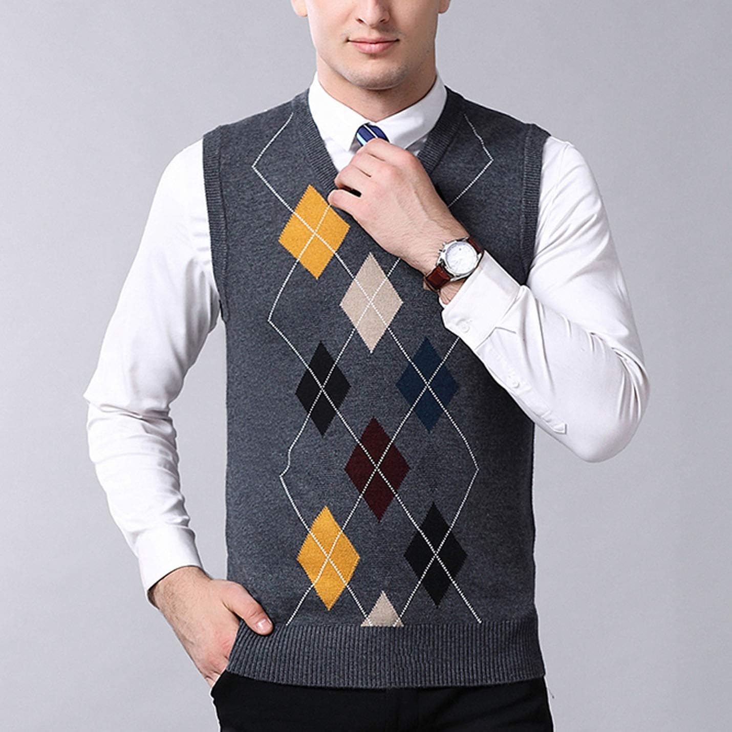 Flygo Men's Slim V-Neck Argyle Sleeveless Pullover Sweater Knitted Business Golf Vest