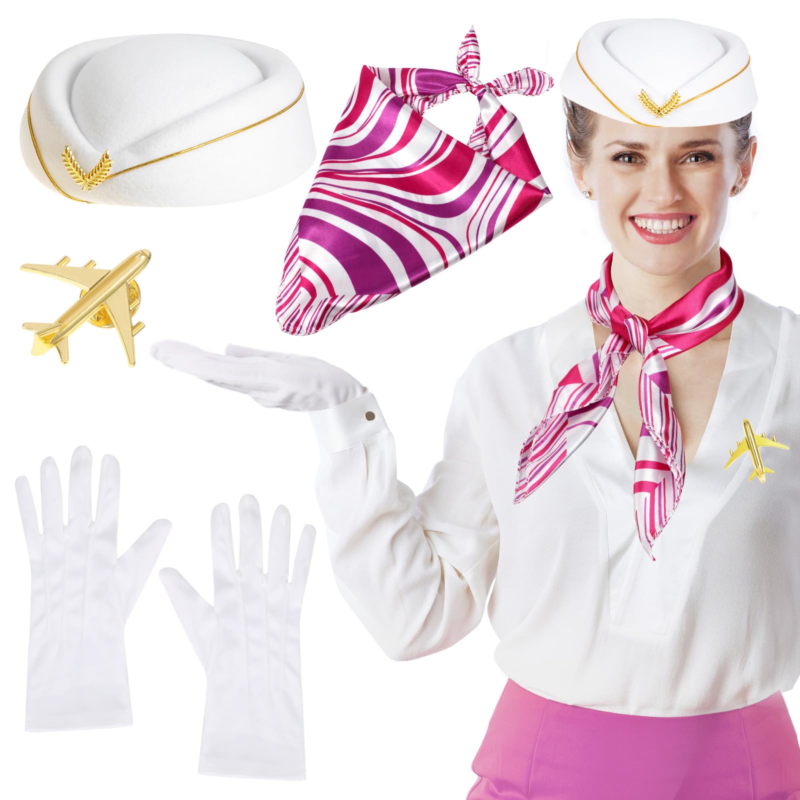 XEPST 4PCS Flight Attendant Costume for Women - Stewardess Costume Accessories Set with Flight Attendant Hat Scarf Gloves Brooch for Women Halloween Costumes Cosplay Carnival Fancy Dress Up, White