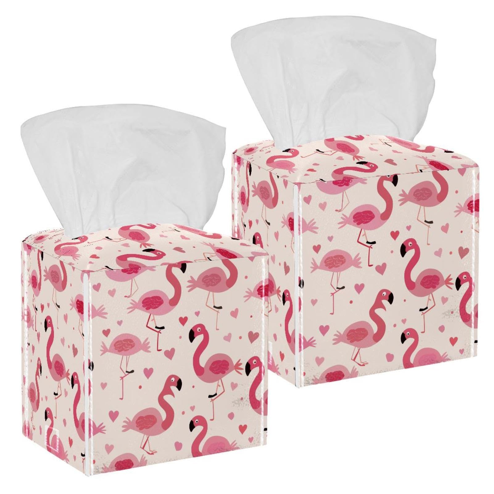Flamingo Tissue Box Cover, 2 Pack PU Leather Square Facial Tissue Dispenser Box holder for Home Office Car