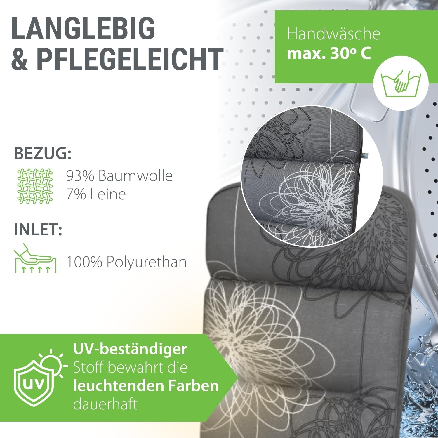 Auflage Niederlehner anthrazit floral I Gartenstuhl Polster 100x50x7cm I hochwertige und Pflegeleichte Sesselauflage I Wetter- und formbeständige Stuhlauflage I KTH3 Sitzauflage