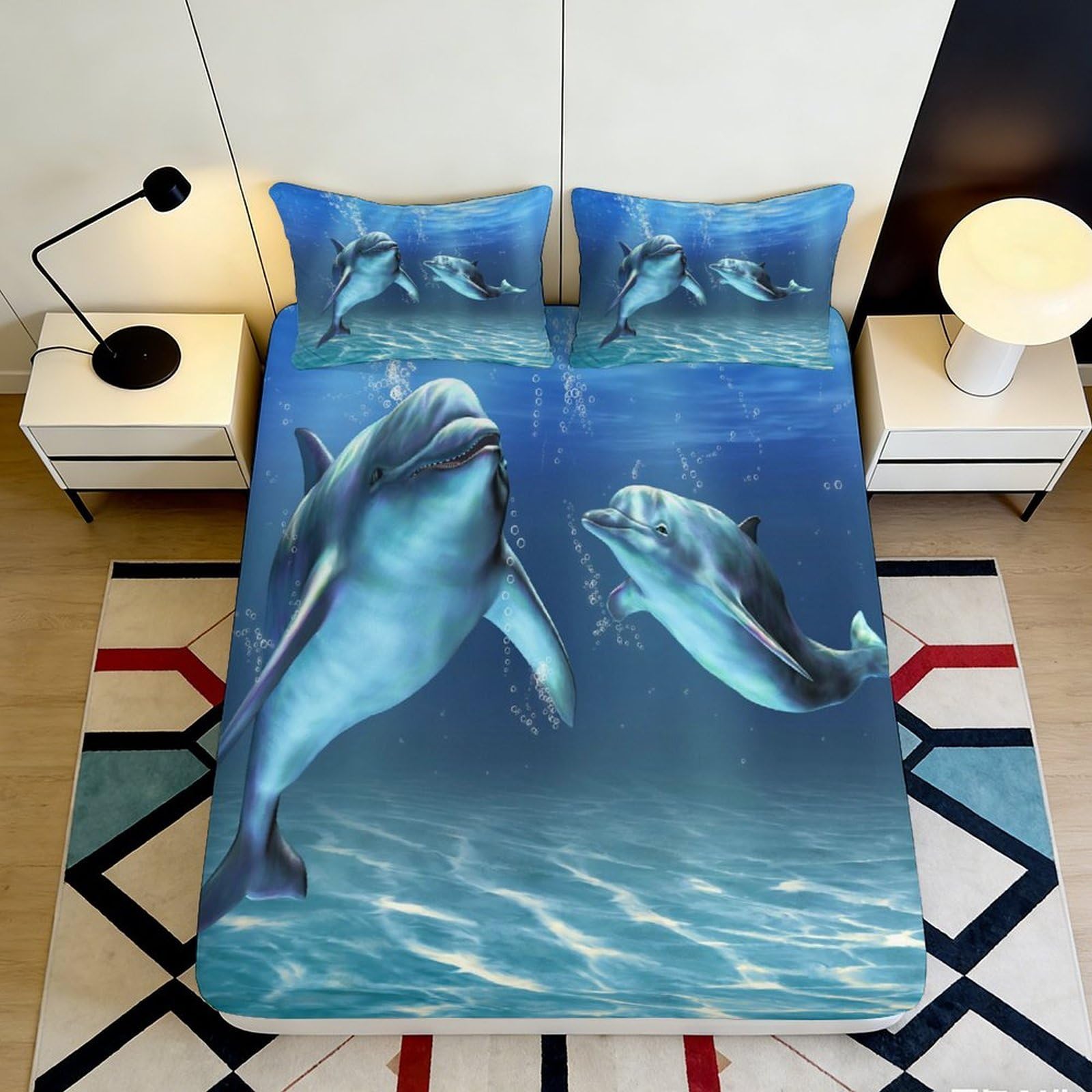 3D Printed Dolphin Fitted Sheet Microfiber Soft Breathable Ocean Underwater Bed Cover for Bedroom Dormitory Guest Room Mattress Protection Decor 140x200x25cm