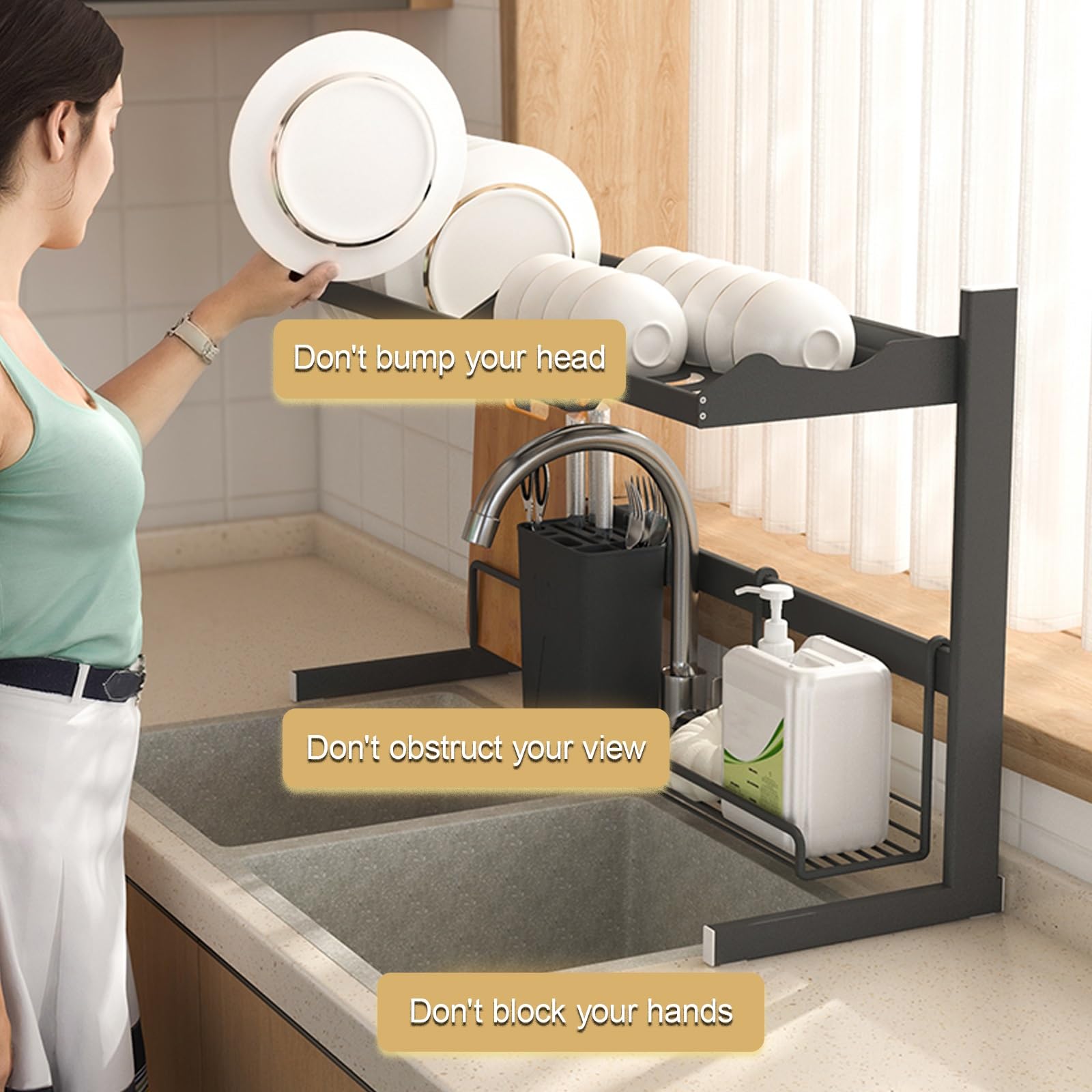 Escurreplatos sobre el fregadero, escurridor de platos de gran capacidad con soporte para utensilios, organizador de encimera de cocina para platos, cuencos y cubiertos