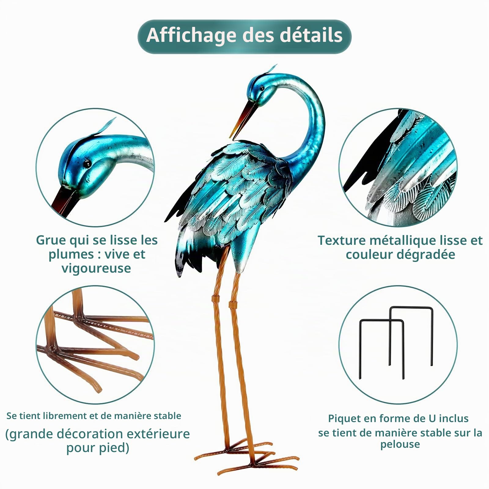 chisheen Statuette de Jardin en Métal - Grue, Sculpture de Héron Bleu, Grand Héron, Statues d'oiseaux - Décorations de Pelouse pour Étang, Terrasse, Porche