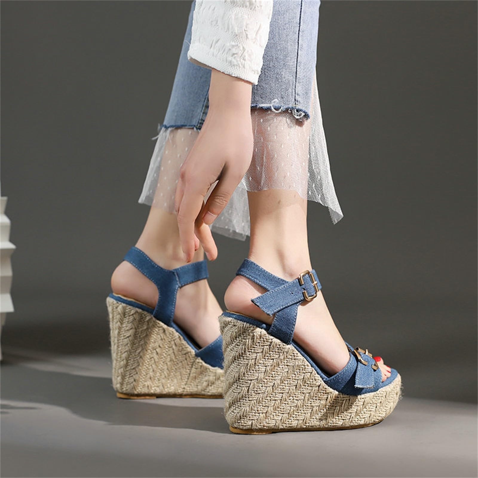 Genérico Sandalias Plataforma Mujer Ortopedicas de Verano Zapatos de Mujer Sandalias Vaqueras con Cuña Novedad Verano Hebilla Cinturón Pescado Hebilla Cuñas Esparto