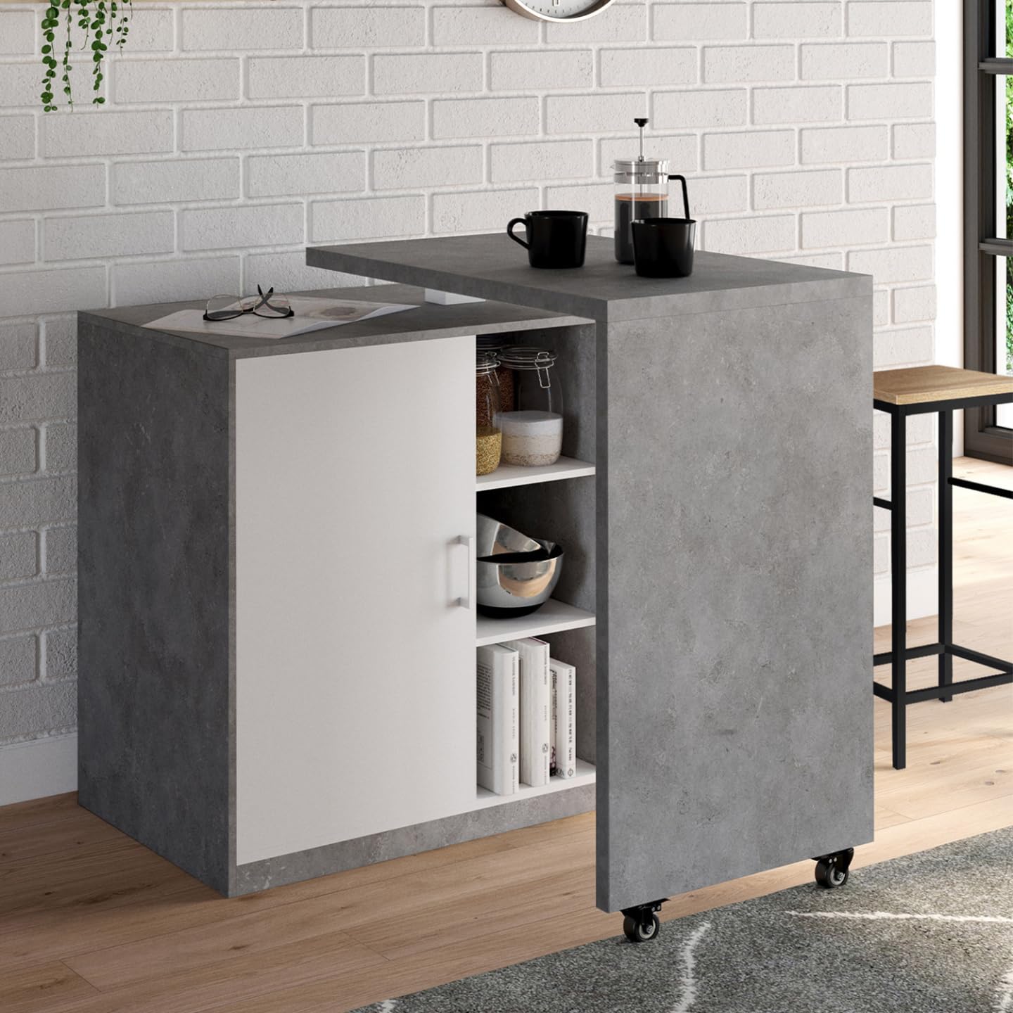IDMarket - Ilot Rotatif Polo Meuble de Bar pivotant 2 en 1 Imitation béton Porte Blanche