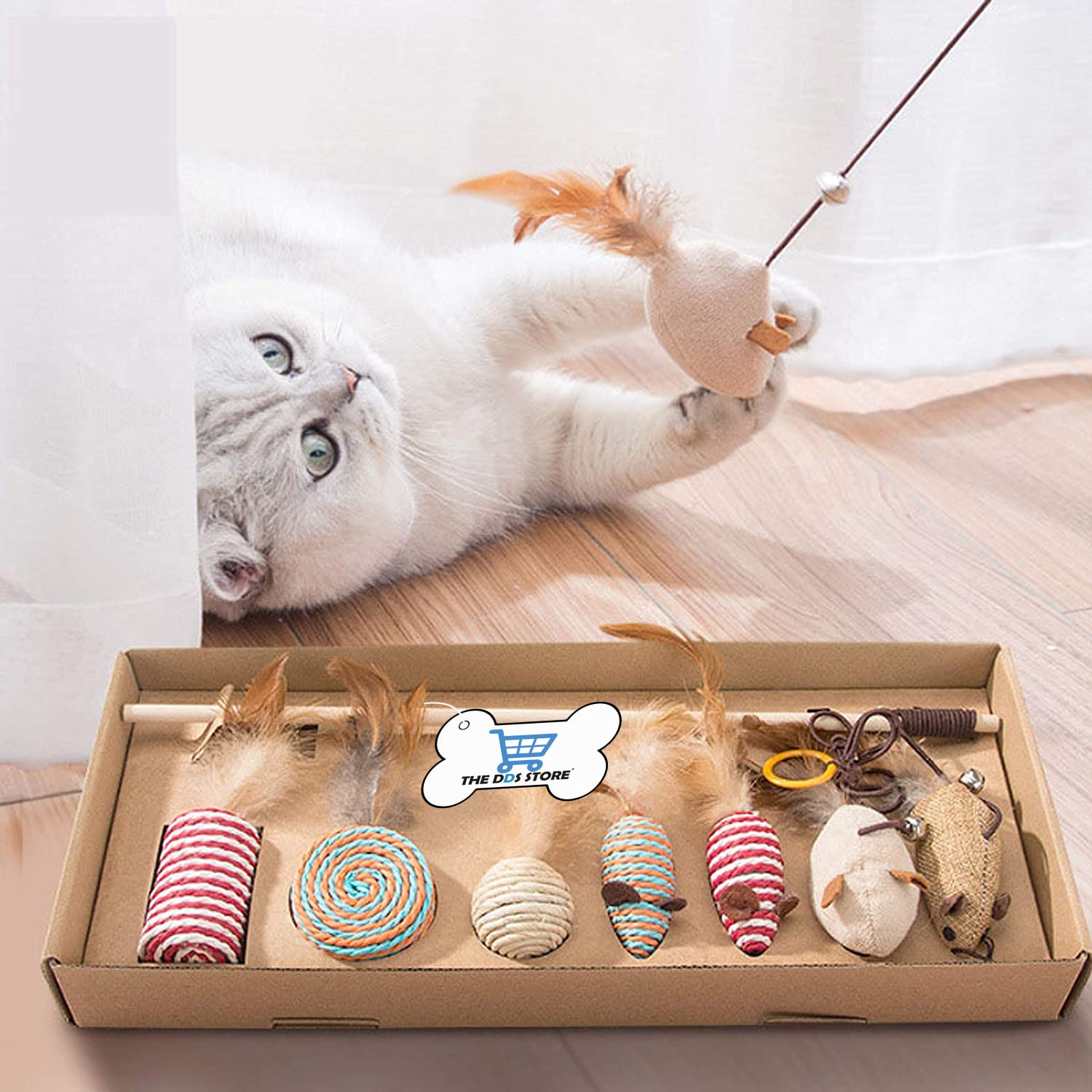 THE DDS STORE Cat Toys Gift Box, Cat Interactive Wand Toy Set, 7 Pieces of Replaceable Feather Fun Cat Toy Gift Set,Natural Solid Wood Linen Material (B09MSKV91L) Amazon Price History, Amazon Price Tracker