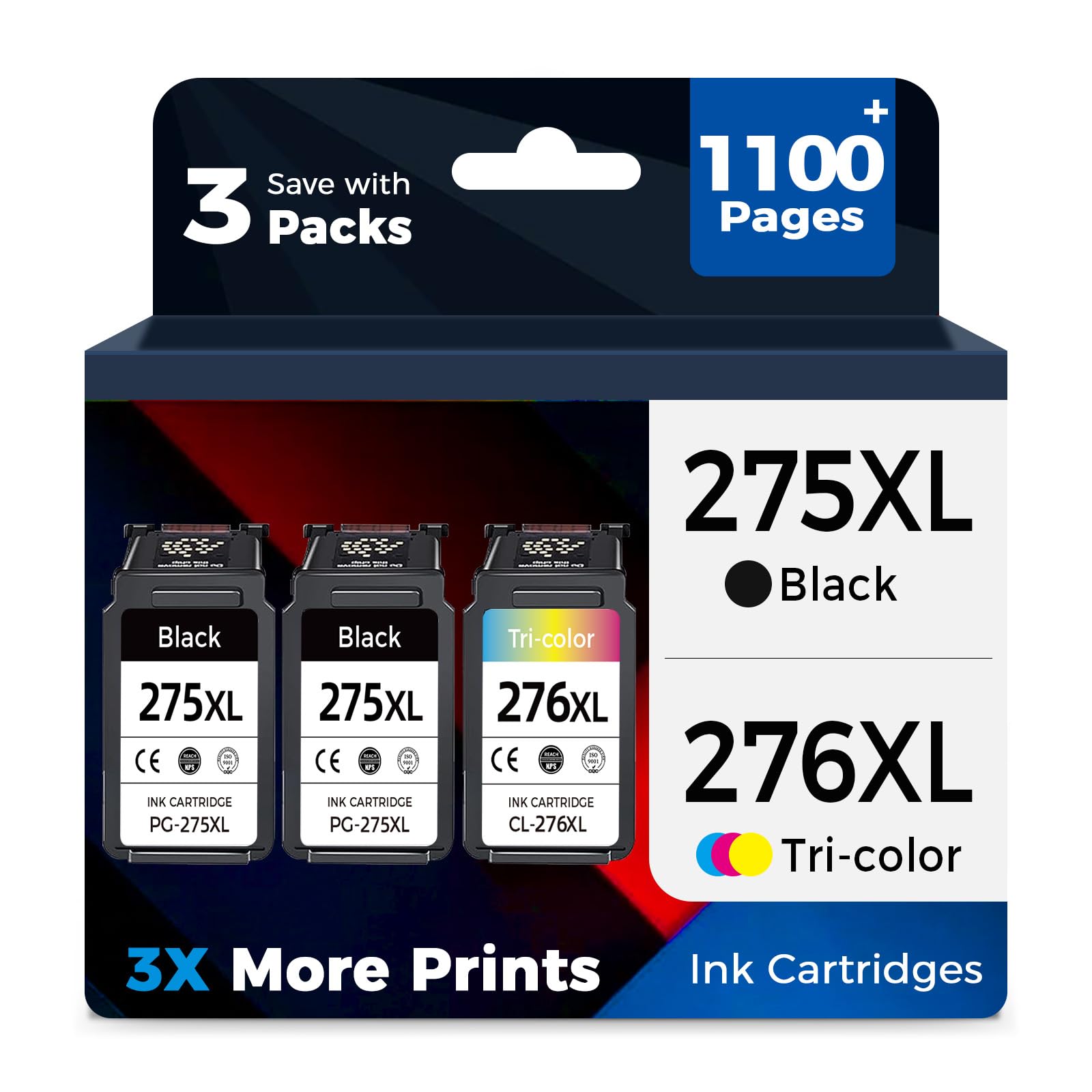 Relcolor Compatible Ink Cartridge Replacement for Canon 275XL 276XL 275 276 XL PG275 CL276 (2-Black, 1-Color, 3-Pack) for TS3522 TR4720 TS3500 TS3520 TR4700 TS3700 TS3720 TS3722 TR4722 Printer