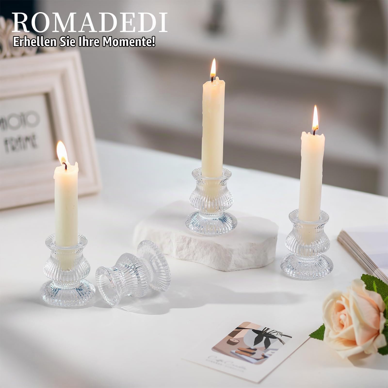 Romadedi Glas Kerzenständer für Stabkerzen, 20er-Pack, Klar | Geriffeltes Glas; Kleine Kerzenhalter; Für Hochzeit, Tischdeko, Advent, Weihnachten, Party und Wohnzimmer
