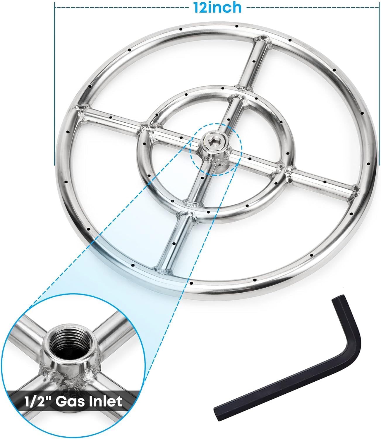 DIY Round Gas Fire Pit Kit with 12-Inch Stainless Steel Fire Pilot Installation Kit,Fire Ring Burner Valve Assembly Kit Replacement for Propane Gas Fire Pilot, Outdoor Fireplaces 90000 BTU