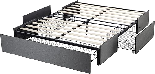 Miniatura 9 de HOOMIC Base de cama tapizada de plataforma completa con 3 cajones de almacenamiento, diseño de cabecera fija, listones de madera, no necesita Gris