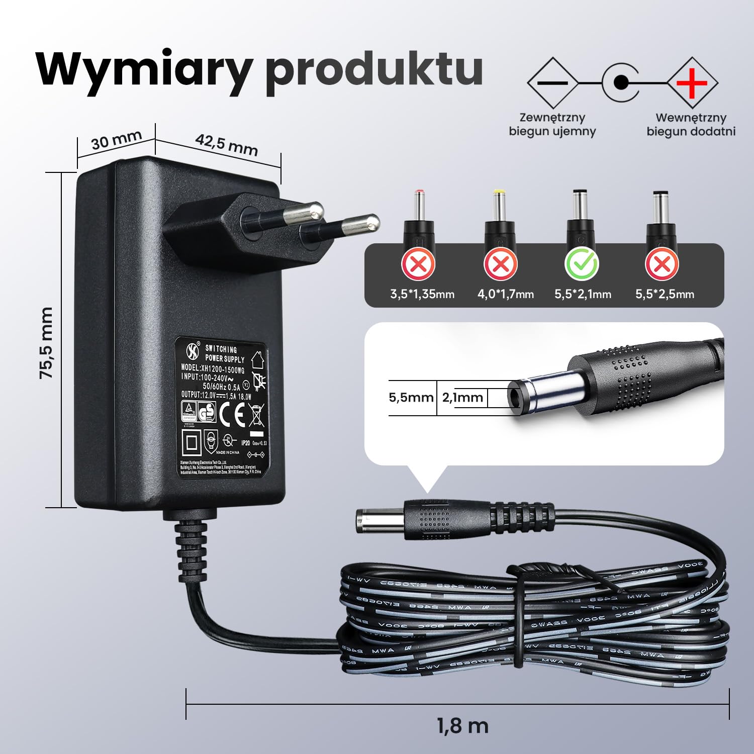 Zasilacz 12 V 1,5 A 18 W 1,8 m, adapter przełącznika AC DC (wejście 100-240 V, wyjście 12 V 1,5 A), gniazdo transformatora do montażu na ścianie DC 12 V 5,5 x 2,1 mm, znak CE