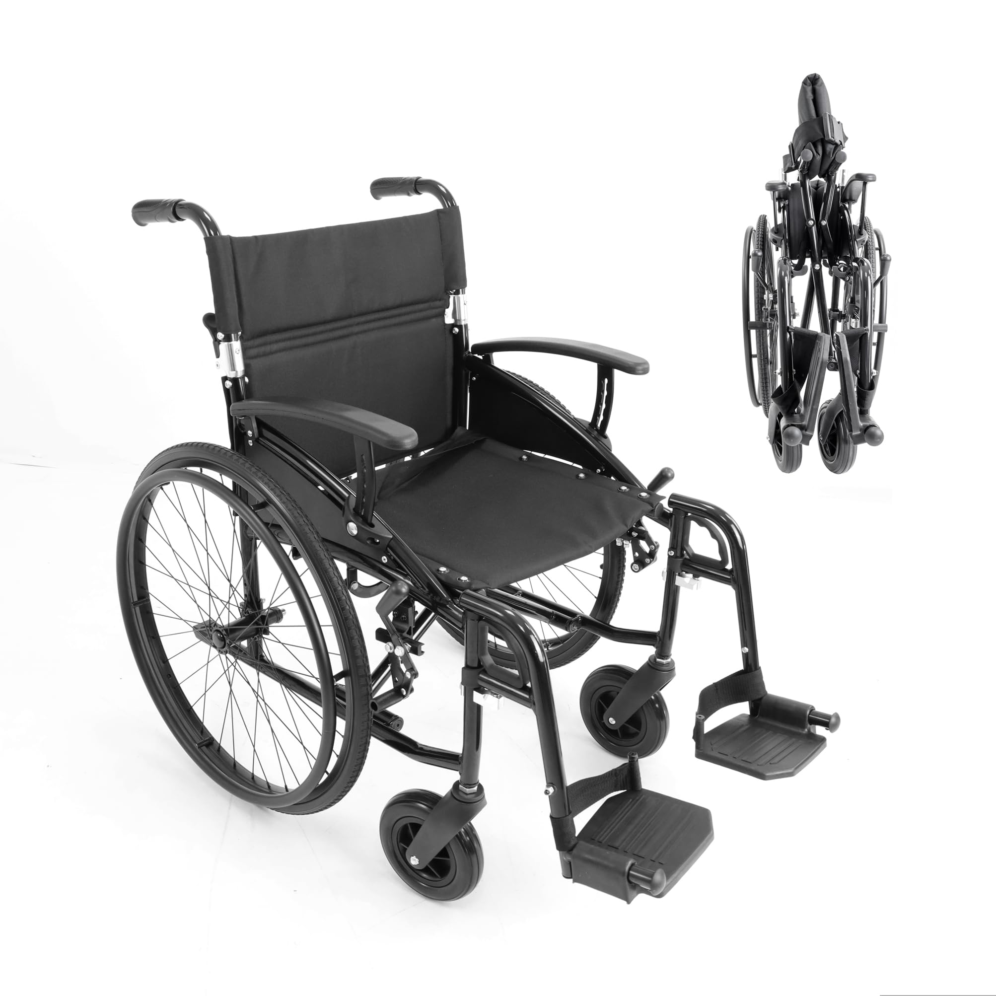 KMINA Sedia a Rotelle Pieghevole Leggera in Alluminio (Seduta 46 cm), Autospinta, Schienale e Poggiapiedi Ribaltabili, Braccioli Regolabili, Cintura e Freno a Mano