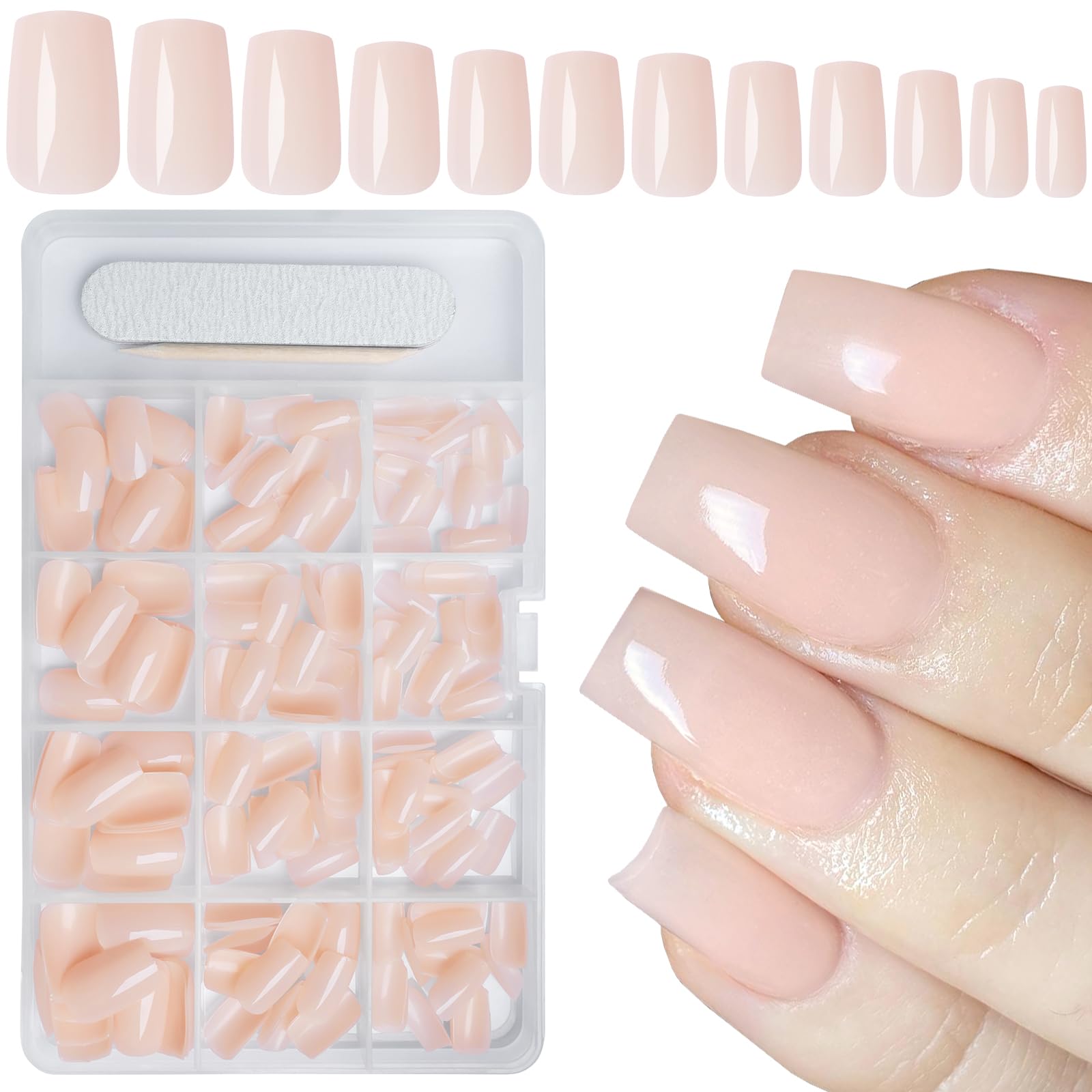 AddFavor 240pcs Jelly Nude Press on Nails Medium Square Fake Nails, Glossy Acrylic Press on Nails Gel False Nails with Adhesive Stick for women