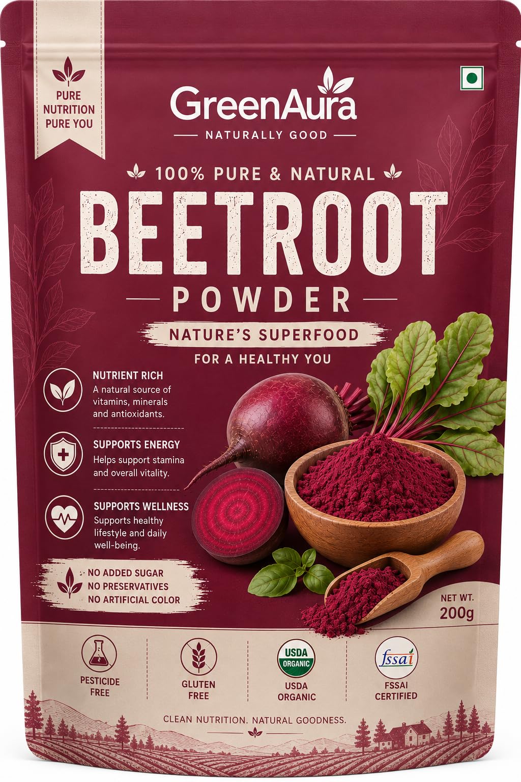 green aura organic beetroot powder for drinking, face pack, hair (100g) beet root supplement for eating | 100% pure & preservative-free