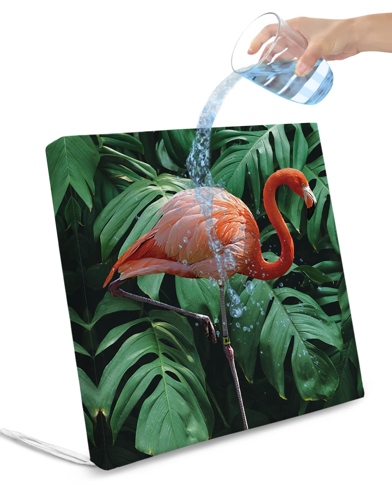 Outdoor Chair Seat Covers, Summer Tropical Turtle Leaves with Flamingo Waterproof Cushion Cover Sectional Green Jungle Furniture Protector Slipcovers for Dining Room Party Event Chairs 2 Pack 22x22In