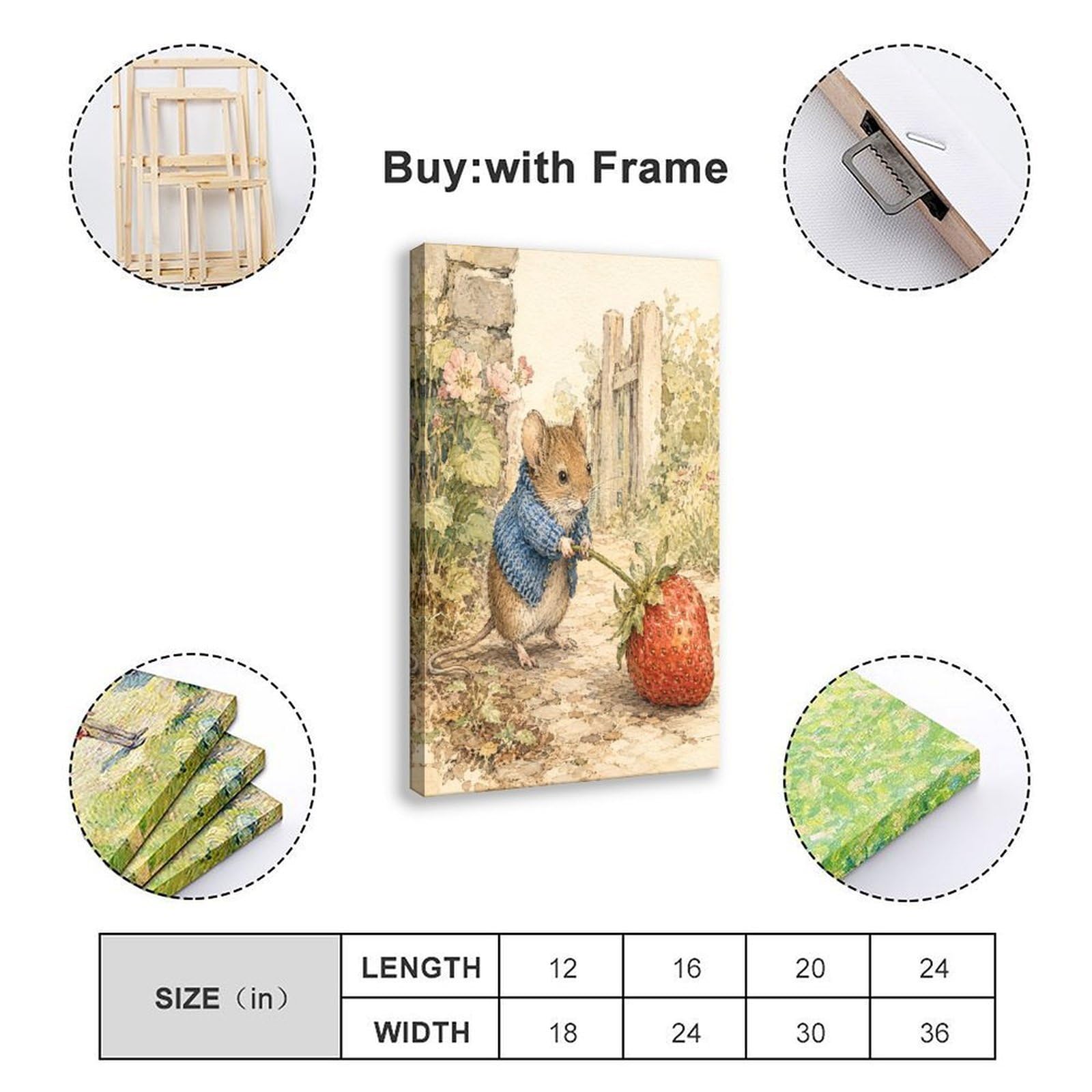W7C8U2X3 Raton con Fresa Cuadro en Lienzo, Ilustracion Tierna Dormitorio | Libro de cuentos, Cuadro en Lienzo Estudio, Jardin de cuentos, Oficina, Arte Folk, Lienzo de Pared, 20x30inch(50x75cm).