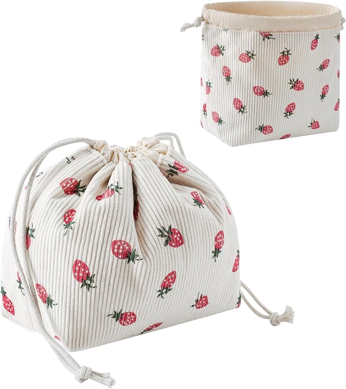 Necessaire de Maquiagem RSRSLEII em Veludo Cotelê com Cordão, Forro de Lona, Estampa 06 Strawberry