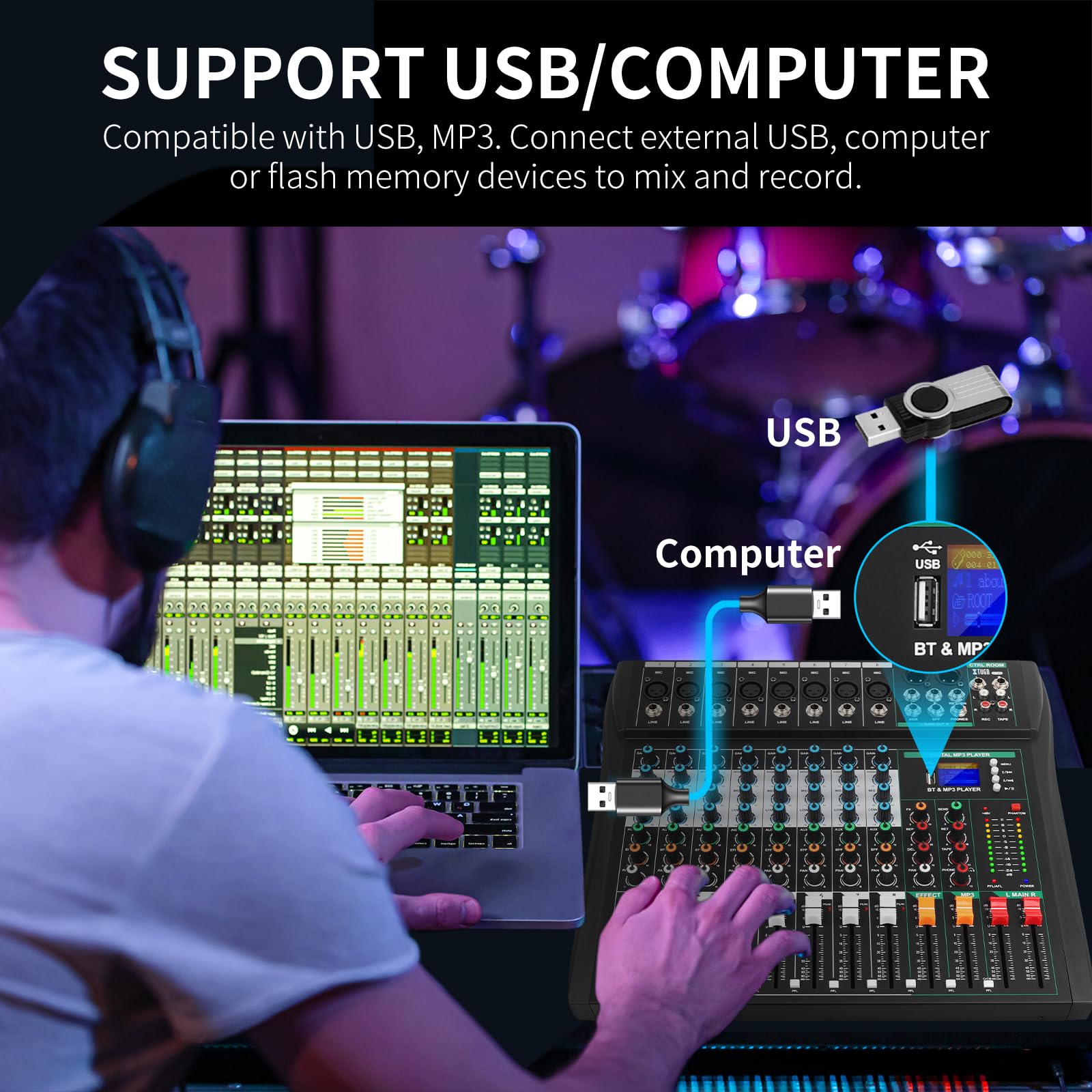XTUGA CT80,Mezclador de audio profesional de 8 canales para grabación de computadora, interfaz de controlador de sonido, Bluetooth, ecualizador