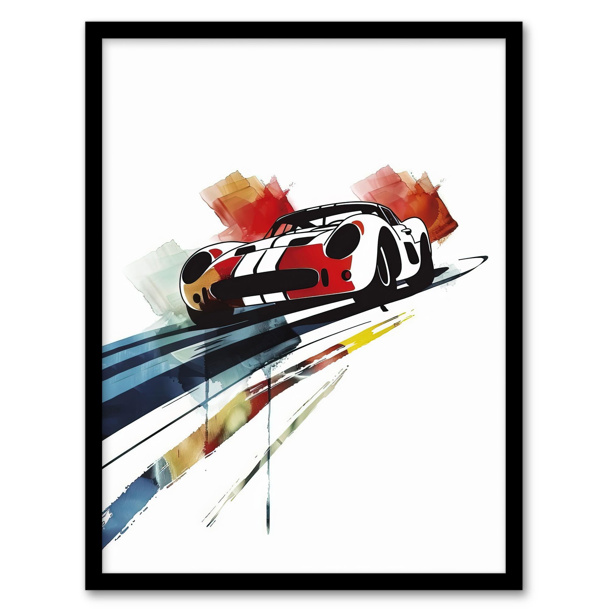 Artery8 Race Car Racing Sport Watercolour Brush Strokes Framed Art Print - Red - A4