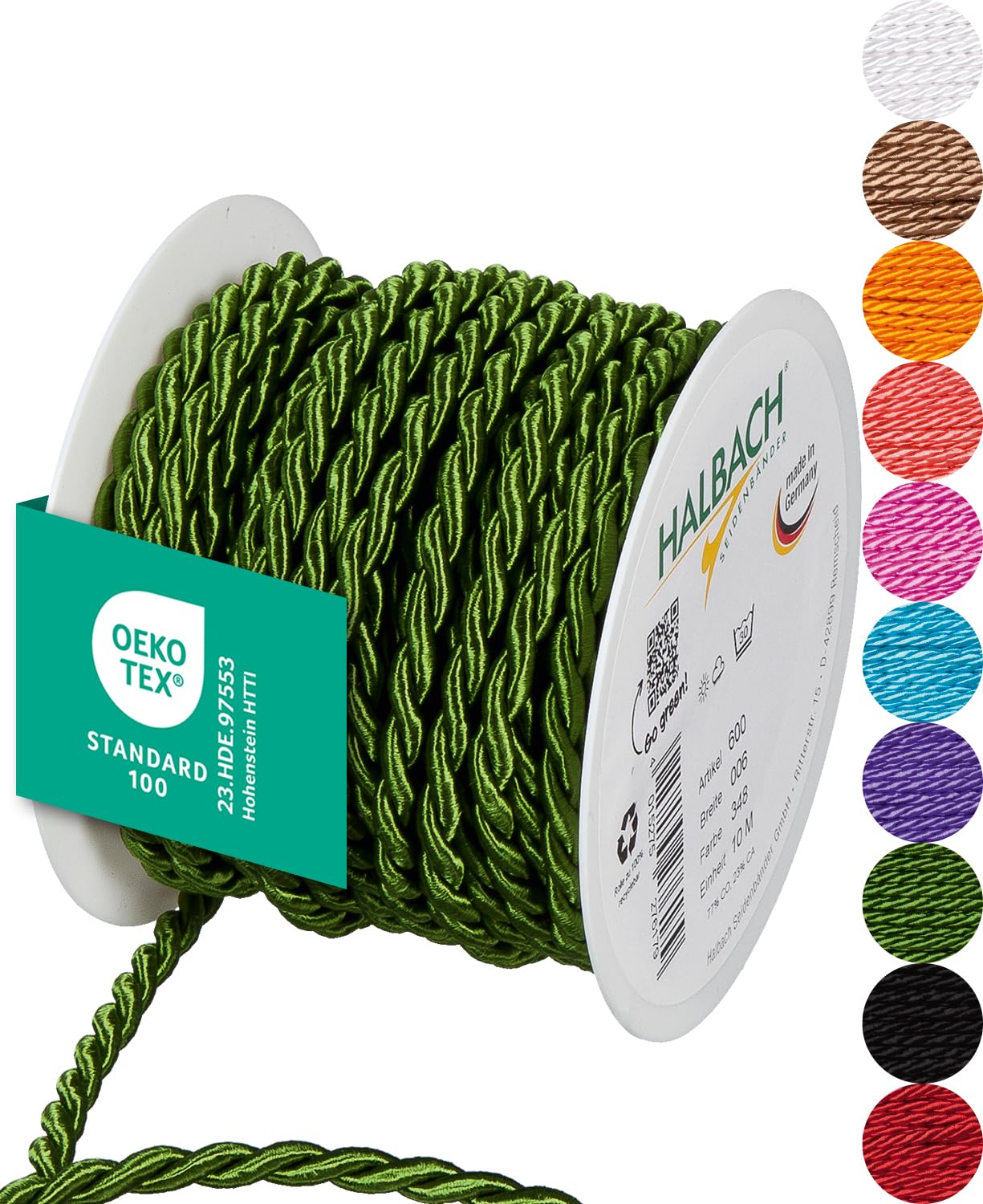 Halbach Seidenbänder Premium Kordel (moosgrün) | Breite 6mm Länge 10m | Made in Germany & Öko-Tex Zertifiziert | glänzende Satinkordel aus Acetat
