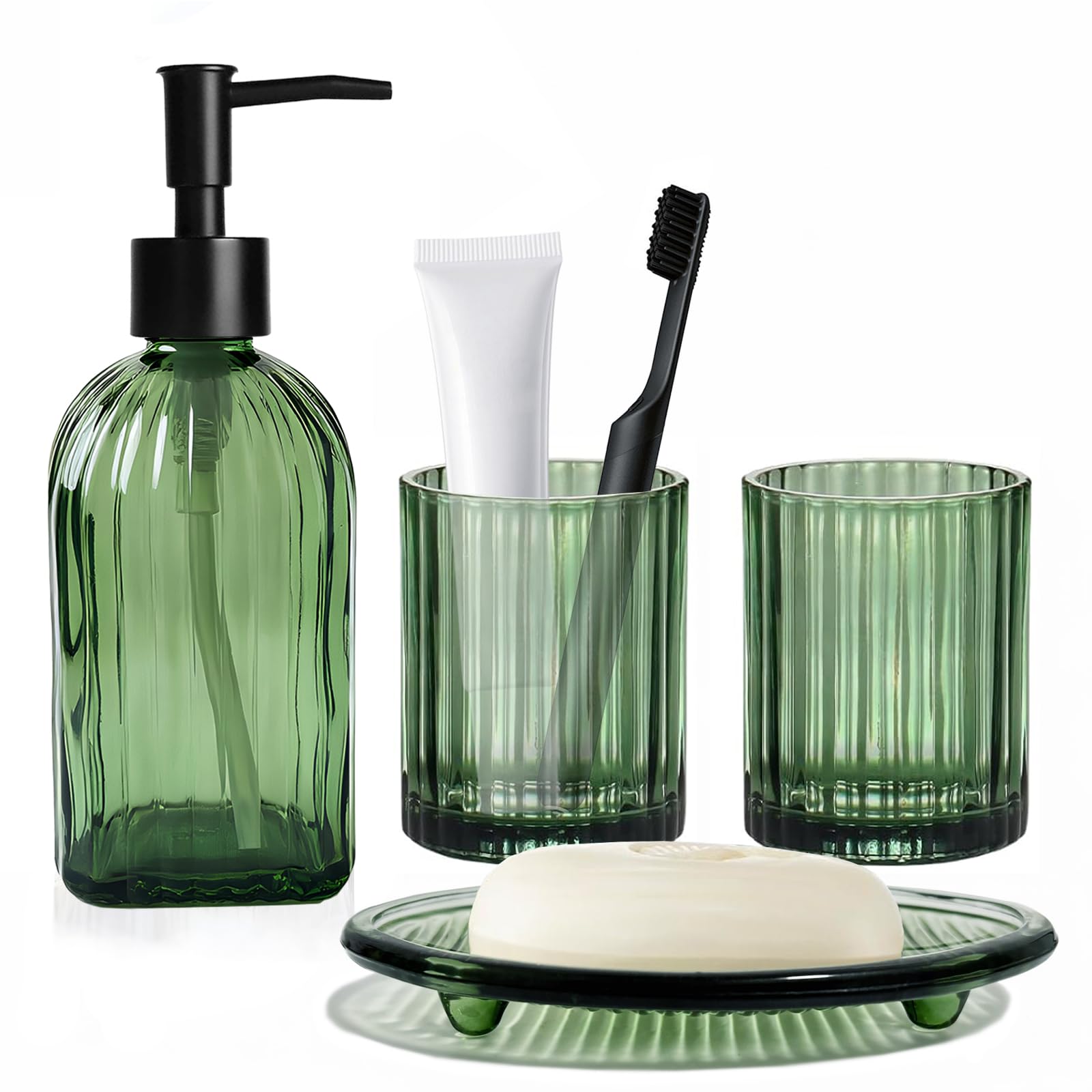 Juego de 4 accesorios de baño verdes, organizador moderno de accesorios de baño, dispensador de jabón, jabonera, vaso y soporte para cepillo de dientes, juego dispensador de jabón de baño de vidrio