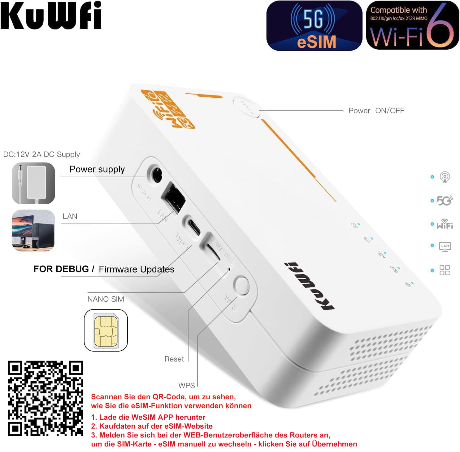5G Router, 5G mobiler WLAN Router, NSA/SA 2.5Gbps 5G eSIM Modem, KuWFi 5G WLAN Router, 5G Router SIM Karte, AX3600 Dualband Pocket Wireless WiFi 6 Router, 32 Benutzer, 4000mAh, 5G Hotspot,Plug & Play