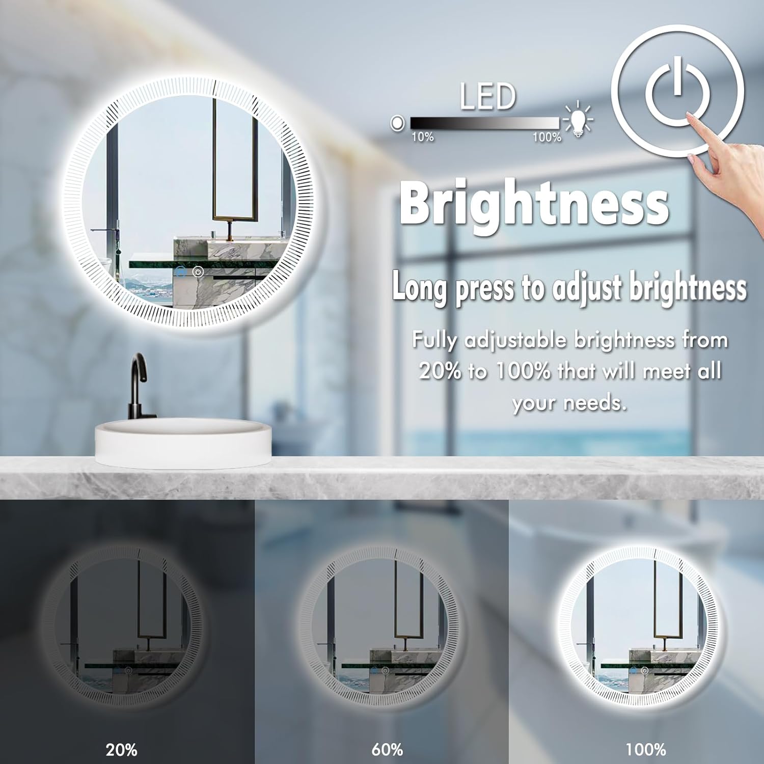 Backlit Round LED Vanity Mirror with Lights Backlits 20 Inch Frameless Round Lighted Mirror for Bathroom Wall LED Circle Mirrors with Strip Shaped Lights Smart Memory 3 Color Dimmable AntiFog