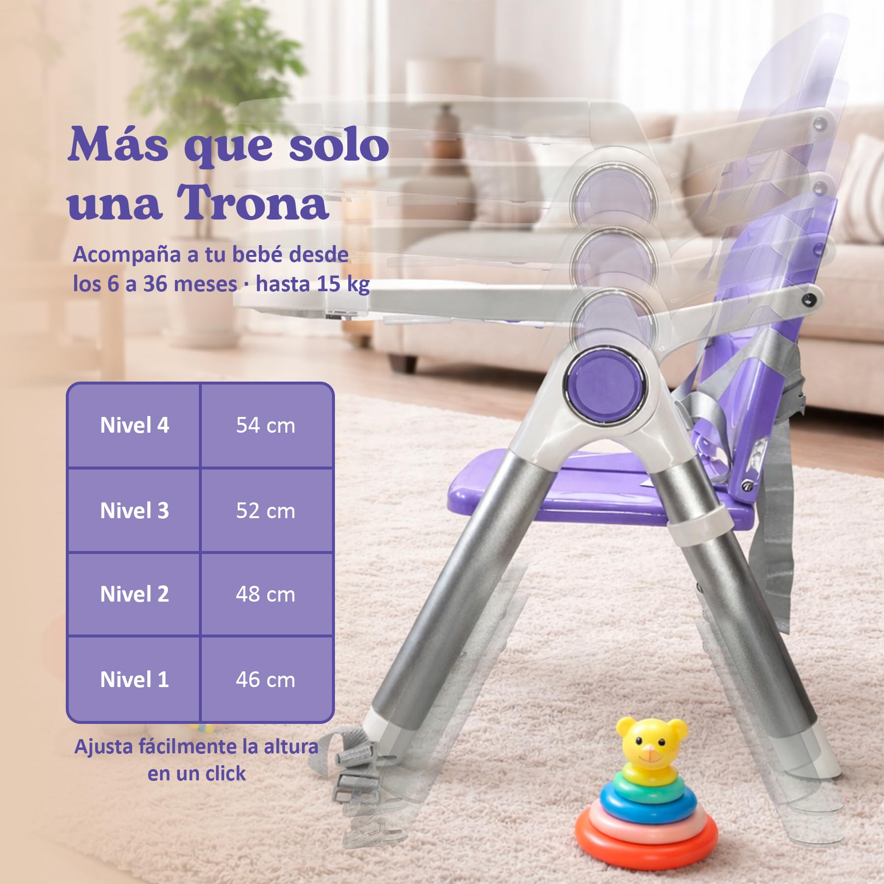 Chaise Haute Bébé Portable Pliable Premium 2 en 1, Rehausseur de Chaise avec Sangles de Fixation, 4 Hauteurs Réglables, Tablette Amovible, Sac de Transport, 6–36 Mois jusqu’à 15 kg (Lilas + Argent)