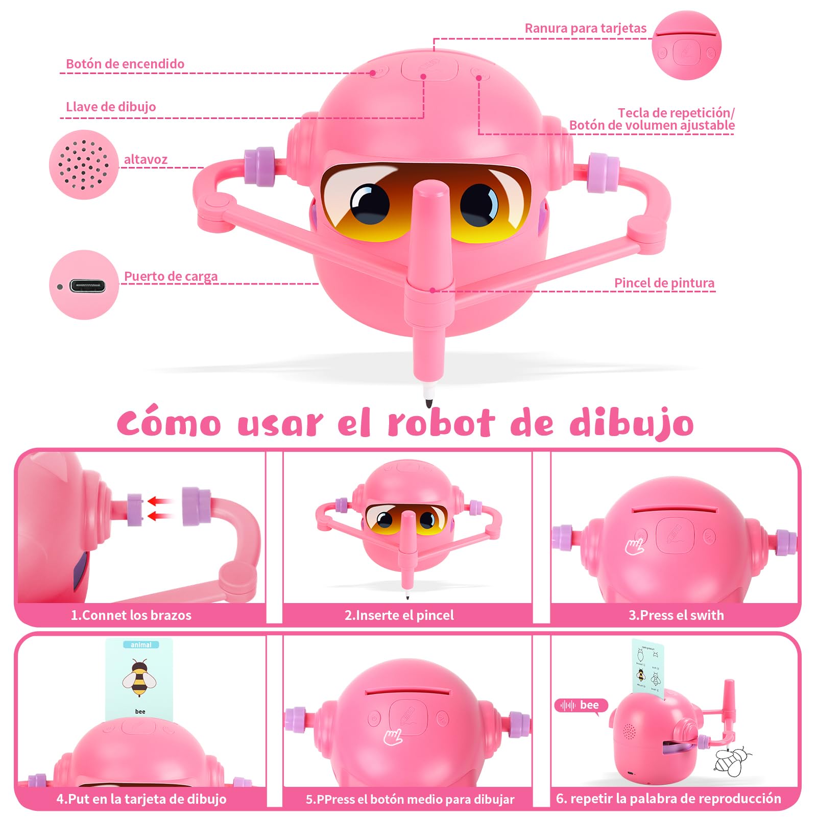 Charmofun Robot de Dibujo para Niños, Drawing Robot con 100 Tarjetas, Robots Inteligente Juguete Recargable, Juguete Educativo Interactivo con Voz para Niños y Niñas a Partir de 3 Años (Rosa-2)