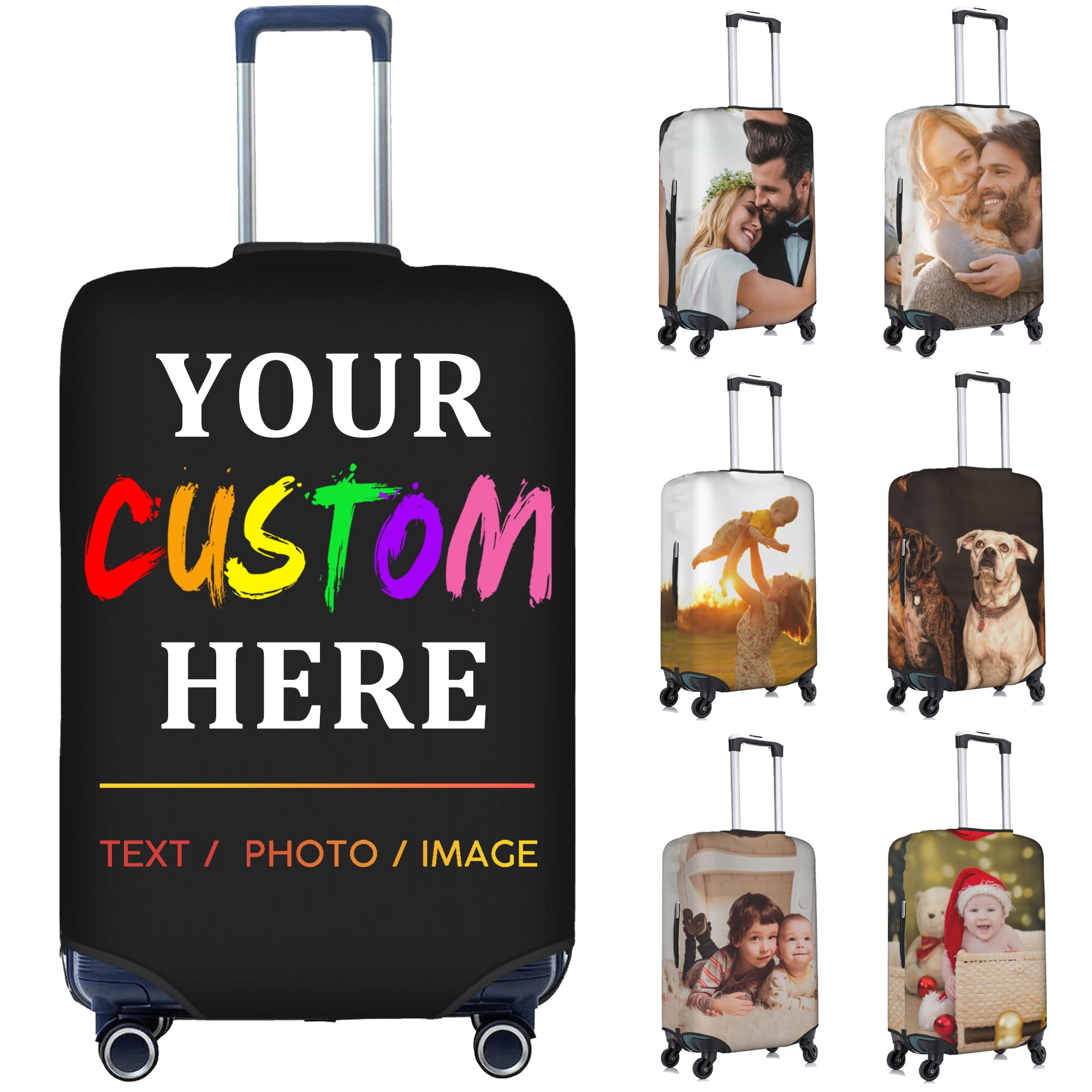 Custom Luggage Cover for 18-32 Inch, Personalized Suitcase Cover with Name Photo Text Double Sided Different Design, Customized Elastic Washable