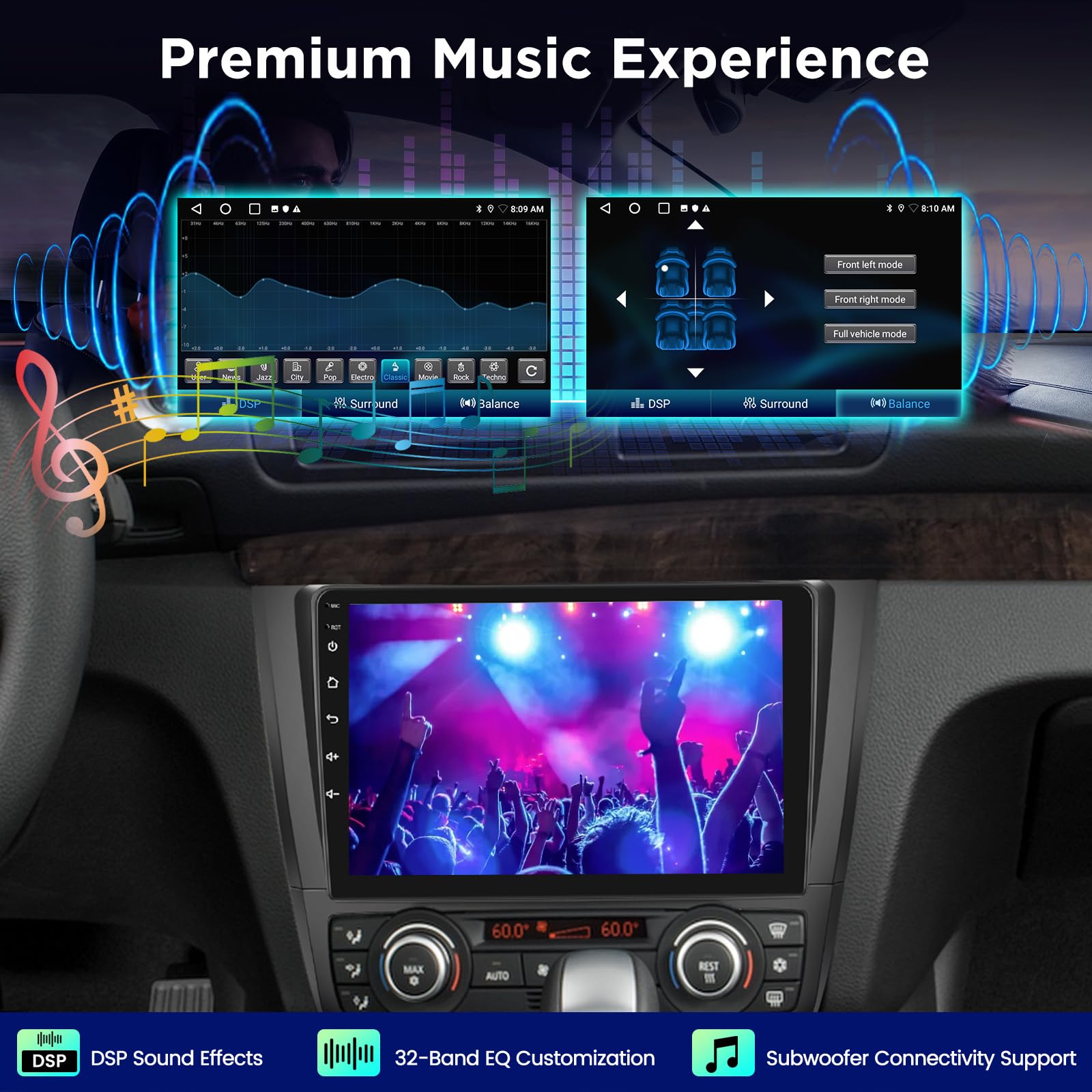 Autoradio Android per BMW Serie 1 E81 E82 E87 E88 2004-2012, Stereo touchscreen 9 pollici 2,5D con CarPlay e Android Auto wireless, Navigazione GPS, WiFi, DSP 32 bande + Telecamera posteriore AHD
