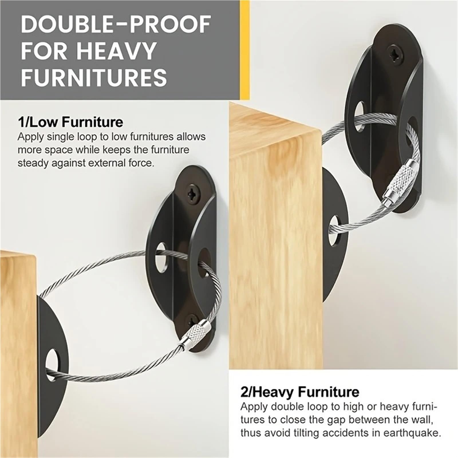 Fijación de muebles, Anclajes de pared for muebles con correas, soporta 400 libras, 4 pulgadas