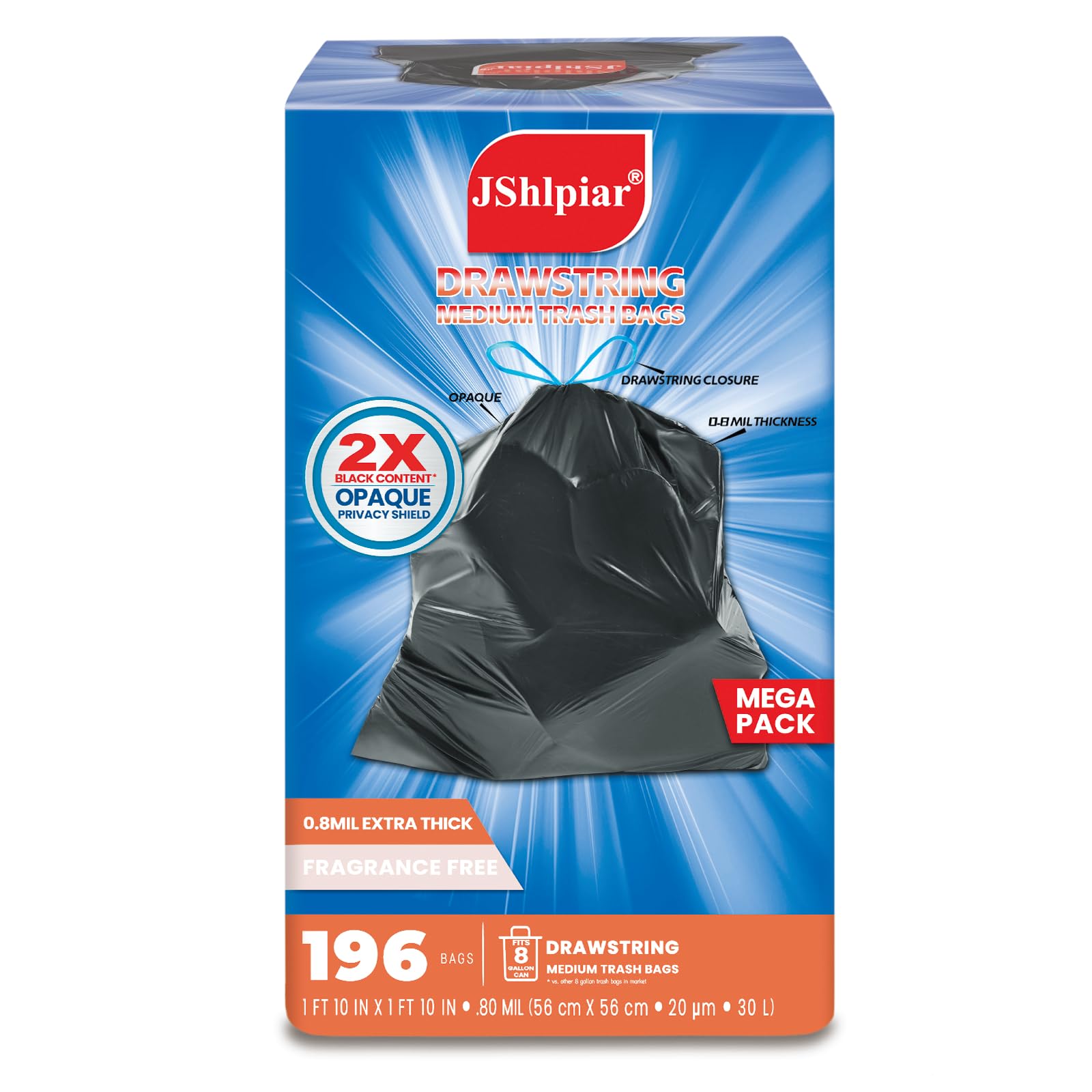 JShlpiar 8 Gallon Trash Bags(196 Count), Drawstring Trash Bags, Black, Unscented, Medium Trash Bags, Garbage Bags for |Bathroom, Kitchen, Waste Basket|, 5 gallon, 6 gallon, 7 gallon