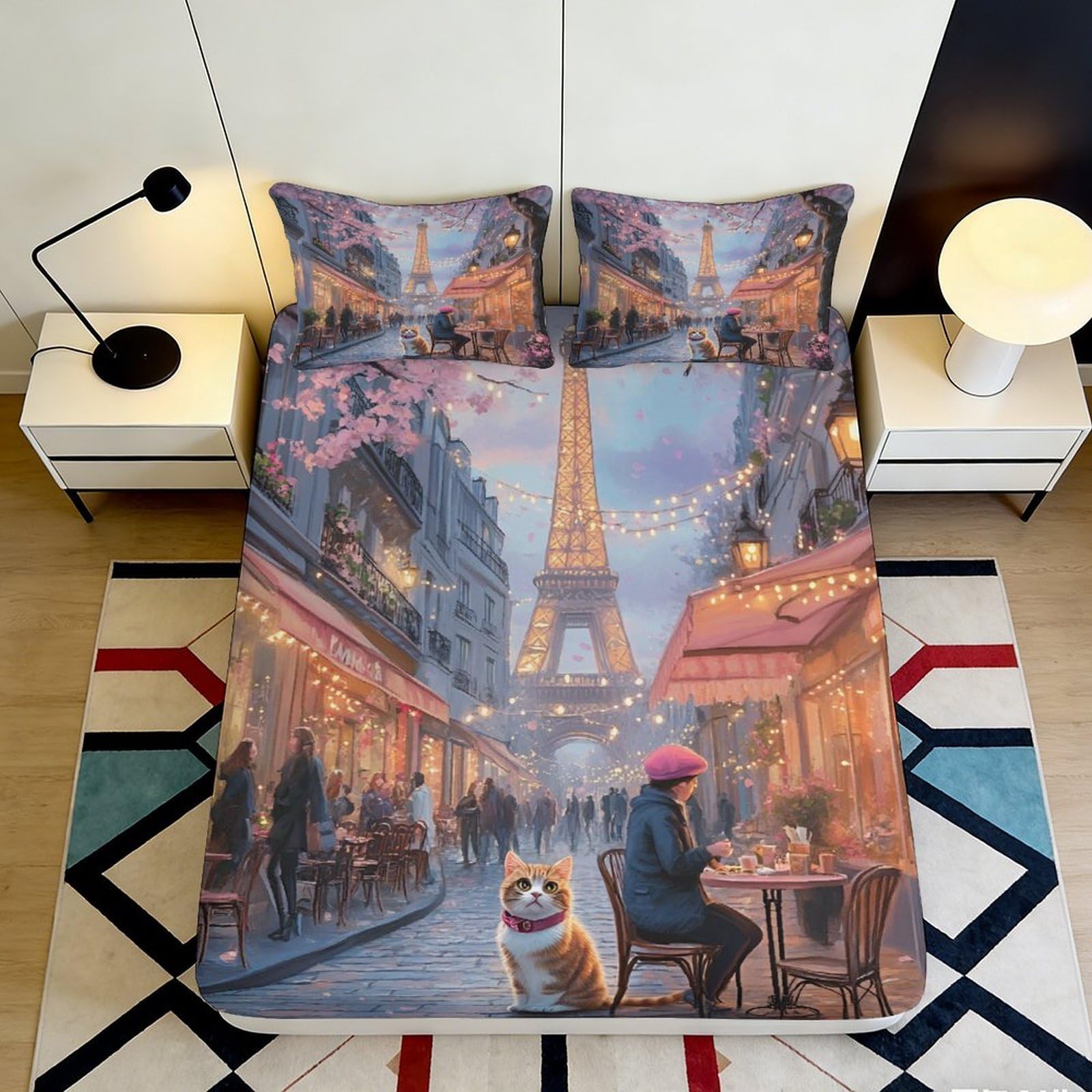 3D Printed Paris Street Scene Fitted Sheet Microfiber Soft Breathable Eiffel Tower Bed Cover for Bedroom Dormitory Guest Room Mattress Protection Decor 90x200x25cm